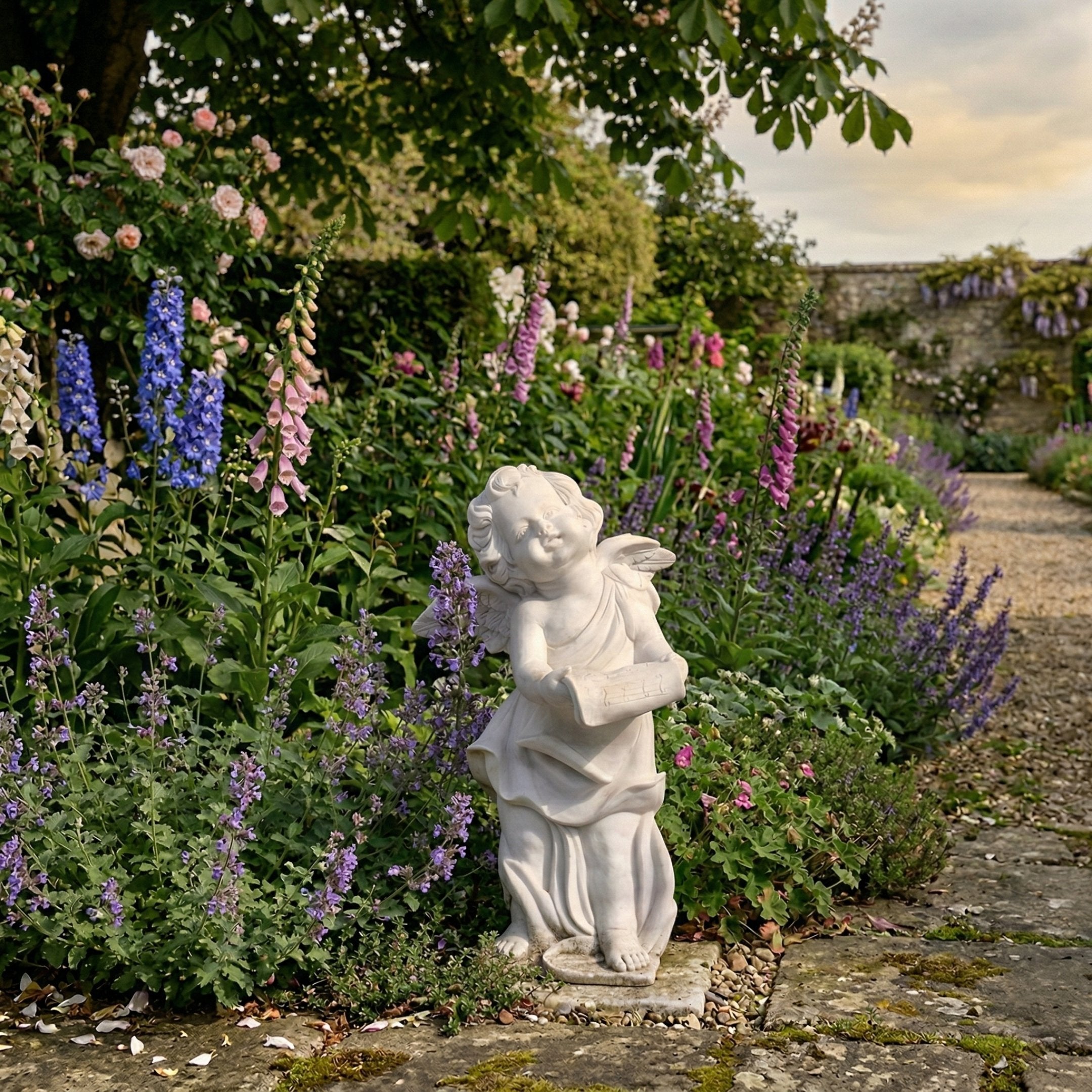 Little Angel Marble Outdoor Sculpture by Giant Sculptures, 60cm white marble cherub holding a book with small wings, set in a lush cottage garden border with foxgloves and lavender.