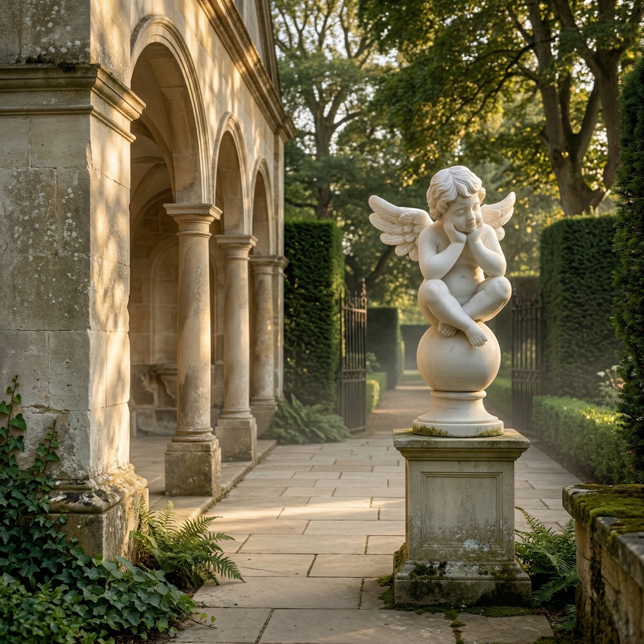 Cherub V5 Angel Marble Outdoor Sculpture by Giant Sculptures, an 80cm hand-carved white marble cherub seated on a sphere atop a stone pedestal in a sunlit garden with arched colonnade.