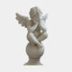 Cherub V5 Angel Marble Outdoor Sculpture by Giant Sculptures, a hand-carved white marble winged cherub sitting cross-legged on a sphere, 80cm tall, on a plain light background.