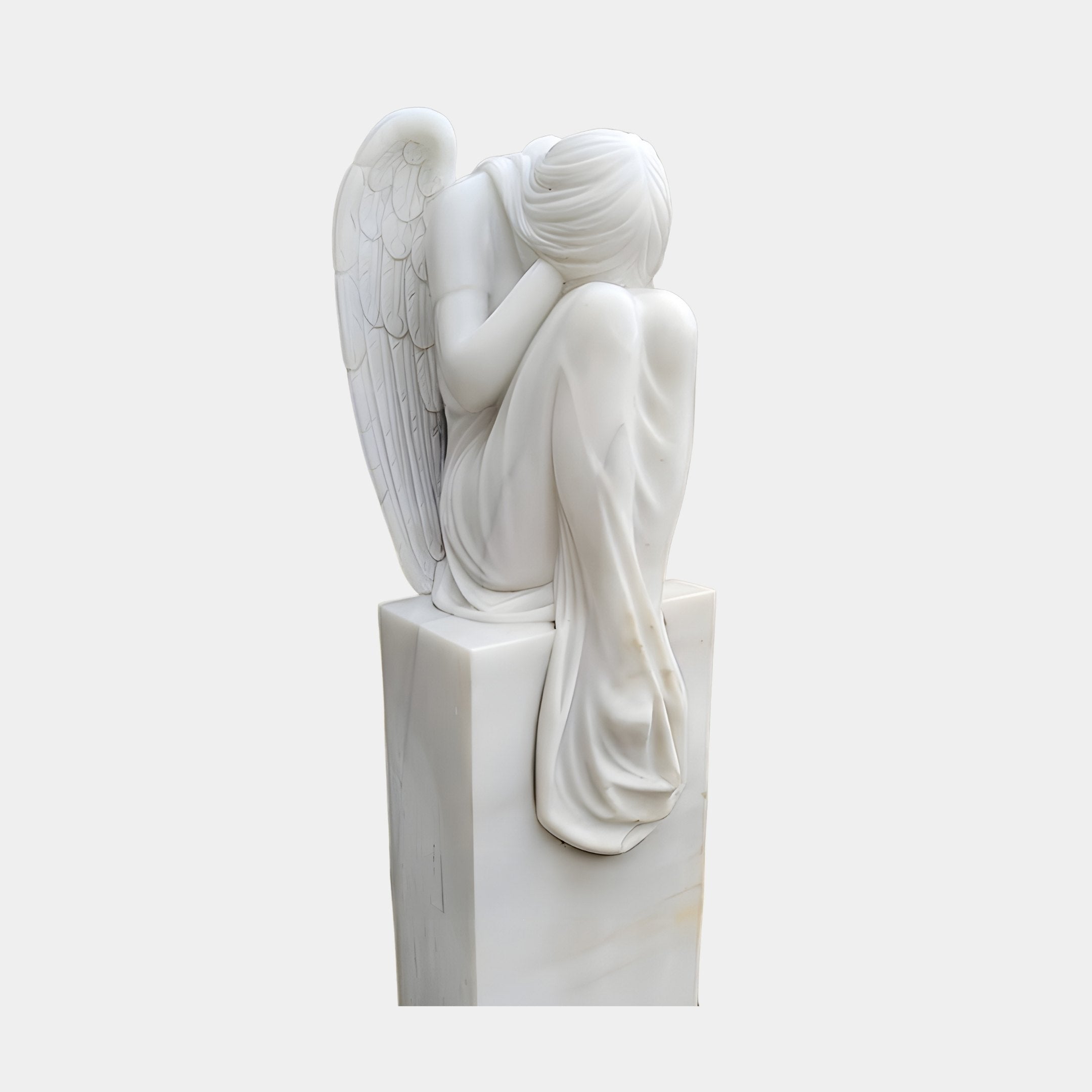 Cemetery Weeping Angel Marble Outdoor Sculpture by Giant Sculptures, 150cm tall, depicting a seated winged angel with bowed head and flowing robes on a rectangular marble pedestal, viewed from the back against a plain light background.