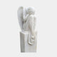 Cemetery Weeping Angel Marble Outdoor Sculpture by Giant Sculptures, 150cm tall, depicting a seated winged angel with bowed head and flowing robes on a rectangular marble pedestal, viewed from the back against a plain light background.