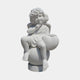 Cherub V4 Angel Marble Outdoor Sculpture by Giant Sculptures, 80cm white marble cherub seated on a sphere holding a heart, with curly hair and wings, on a plain light background.