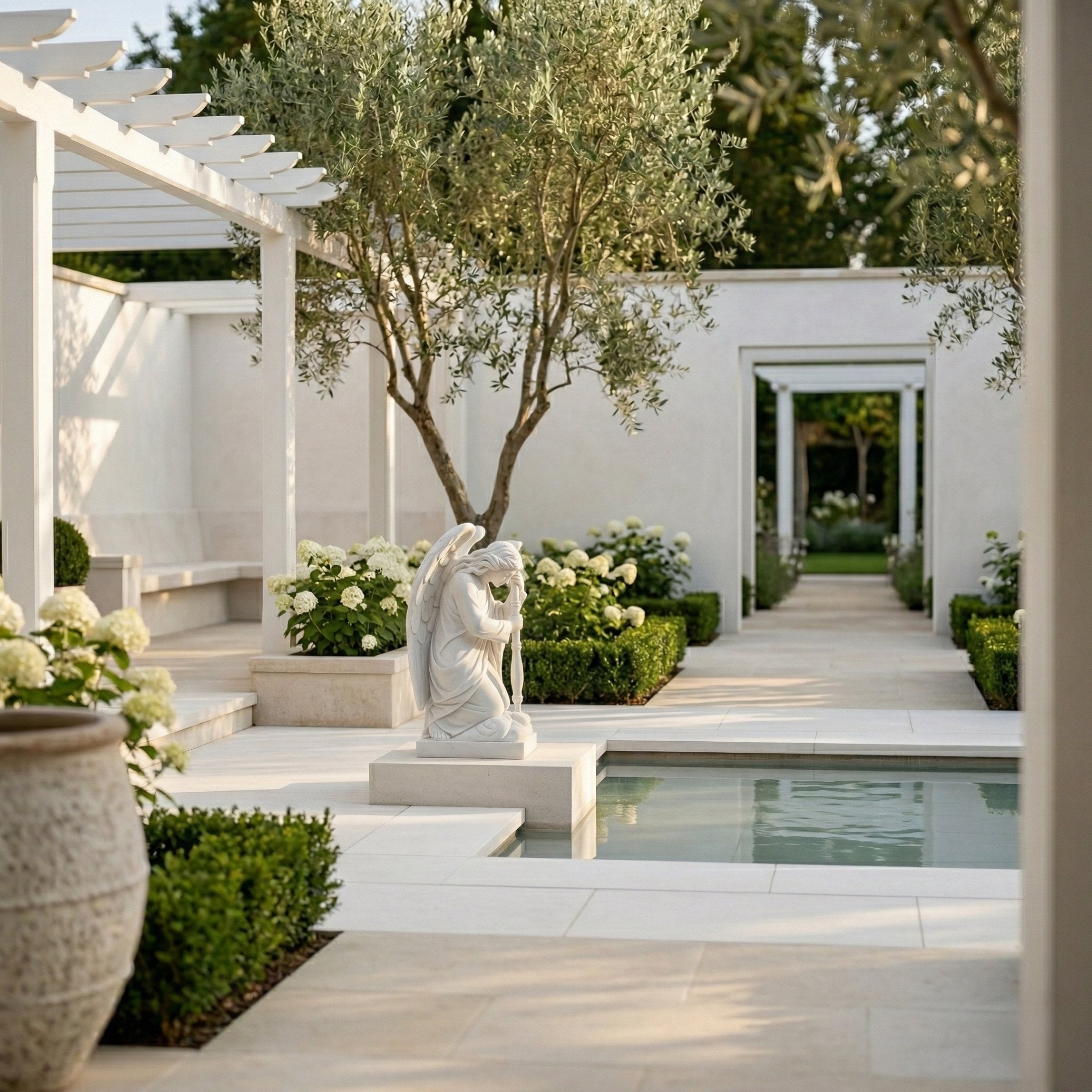 Winged Angel Marble Outdoor Sculpture by Giant Sculptures, 160cm white marble figure kneeling beside a reflective pool in a landscaped courtyard with olive trees and hydrangeas.