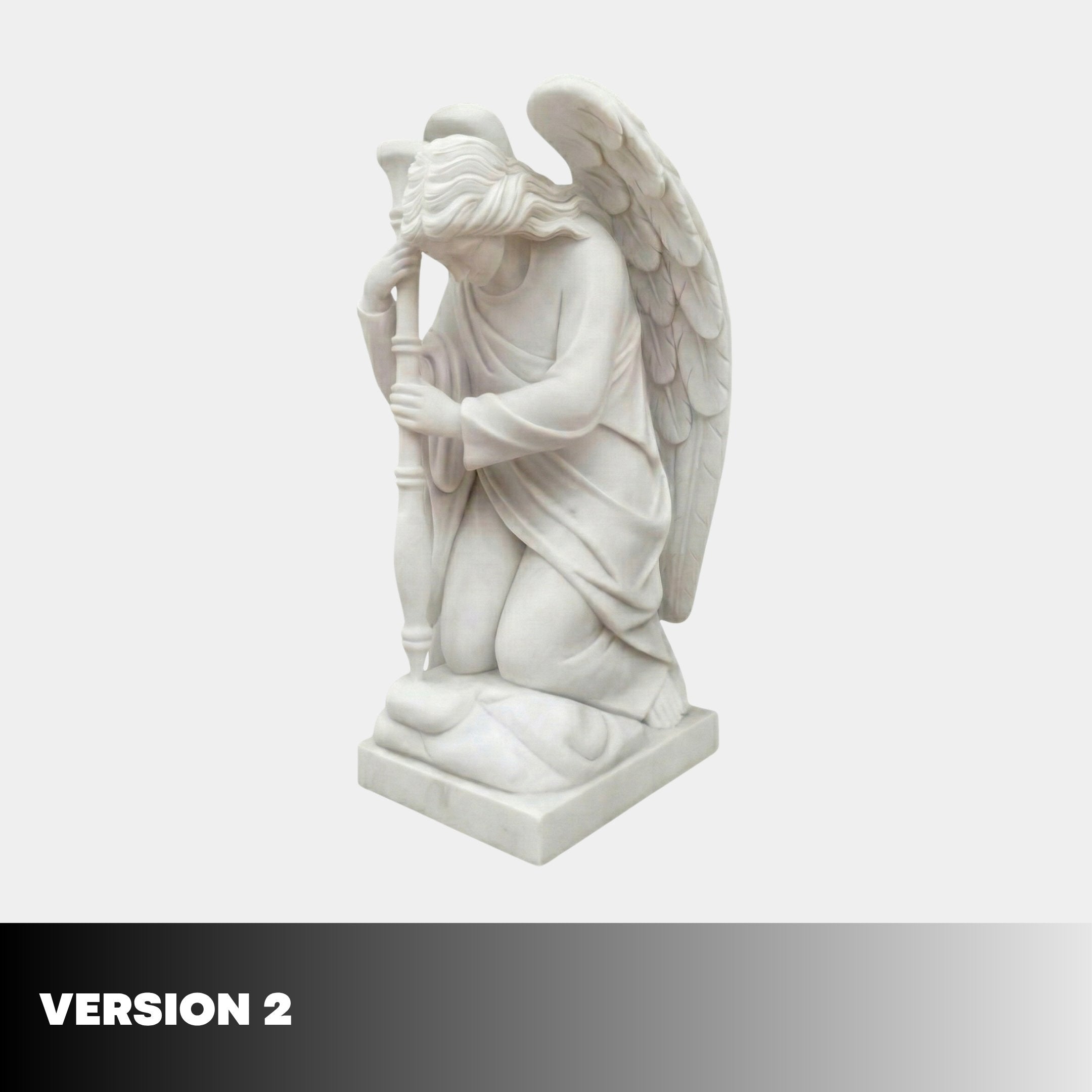 Kneeling Winged Angel Marble Outdoor Sculpture by Giant Sculptures in white marble, holding a torch-like staff with detailed wings and flowing robes on a square base, against a light grey background.