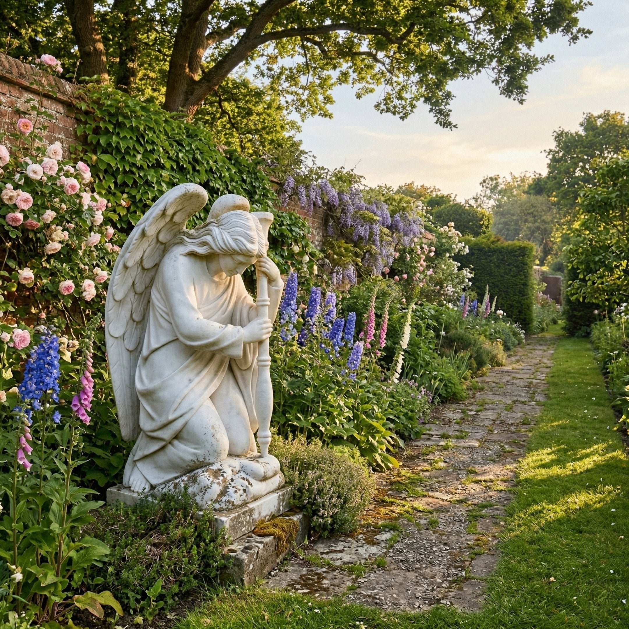 Winged Angel Marble Outdoor Sculpture by Giant Sculptures, 160cm tall, kneeling in flowing robes with detailed wings, set in an English garden border with roses and delphiniums.