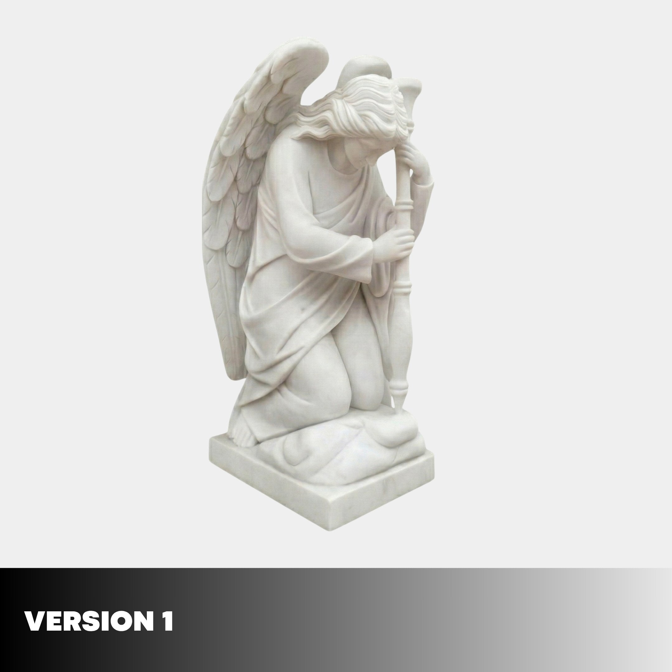 Kneeling Winged Angel Marble Outdoor Sculpture in natural white marble with detailed wings and flowing robes on a square base, shown against a light grey background — Version 1.