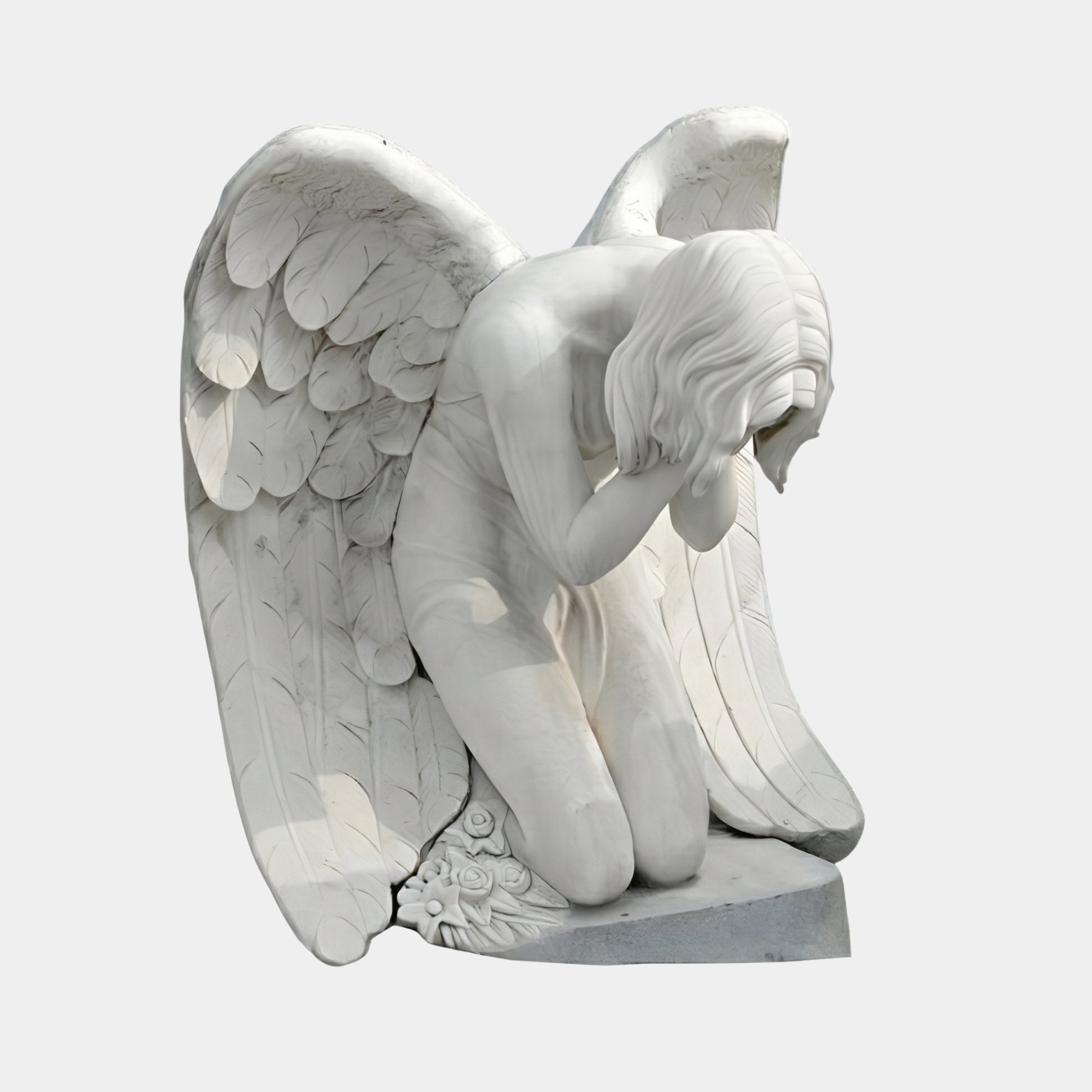 Kneeling Praying Angel Marble Outdoor Sculpture by Giant Sculptures, 100cm tall white marble figure with detailed folded wings and flowing hair, on a plain light background.