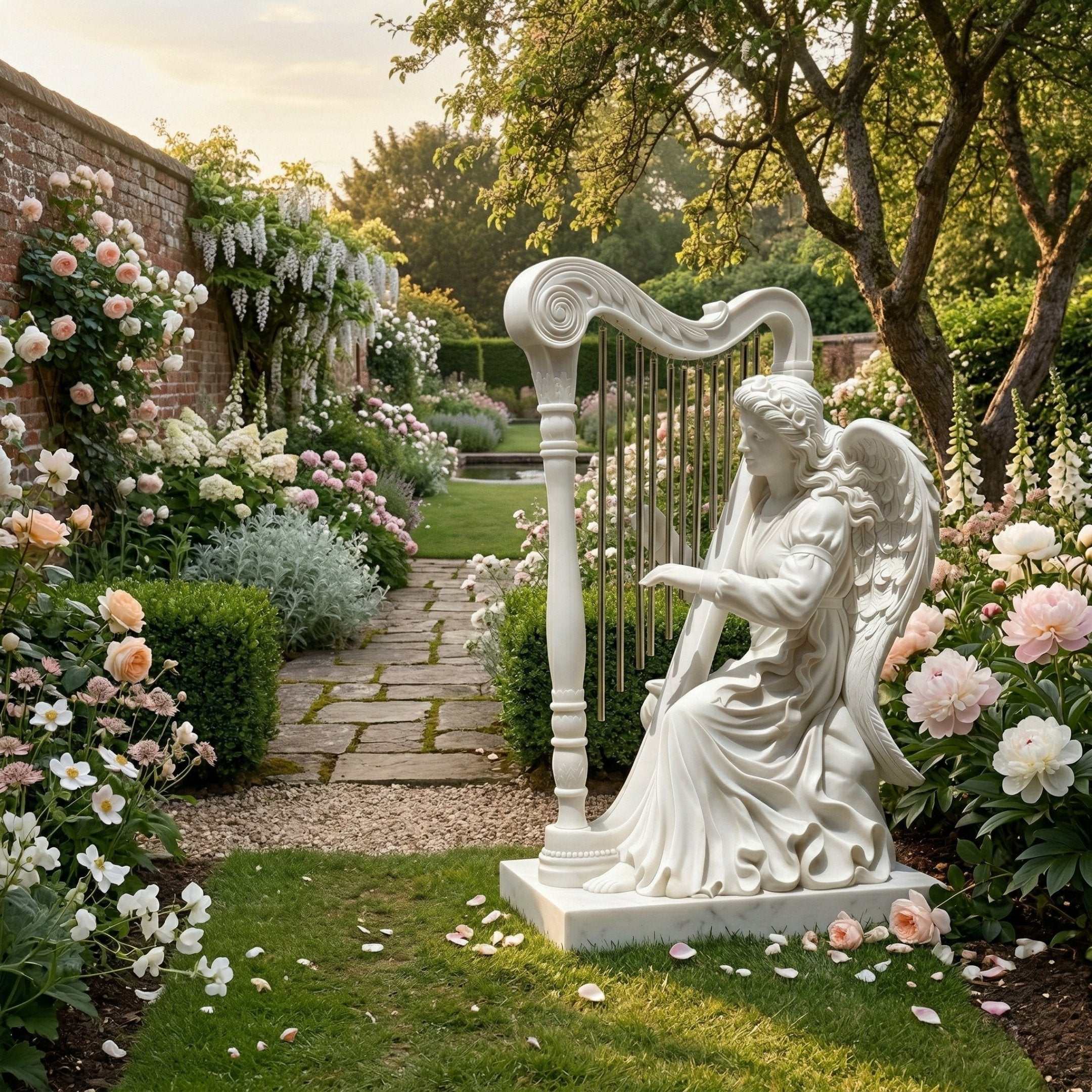 Playing Harp Angel Marble Outdoor Sculpture by Giant Sculptures, 140cm white marble angel seated with wings and flowing drapery, playing a harp amid a lush English garden setting with roses and peonies.