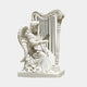 The Giant Sculptures Playing Harp Angel Marble Outdoor Sculpture - 140cm features a white hand-carved marble angel with large wings kneeling and playing an ornate vertical-string harp, set against a plain light background.