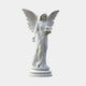 Garden Angel Marble Outdoor Sculpture – 180cm by Giant Sculptures, a white marble winged angel in flowing robes holding flowers, standing on a round pedestal against a plain light background.