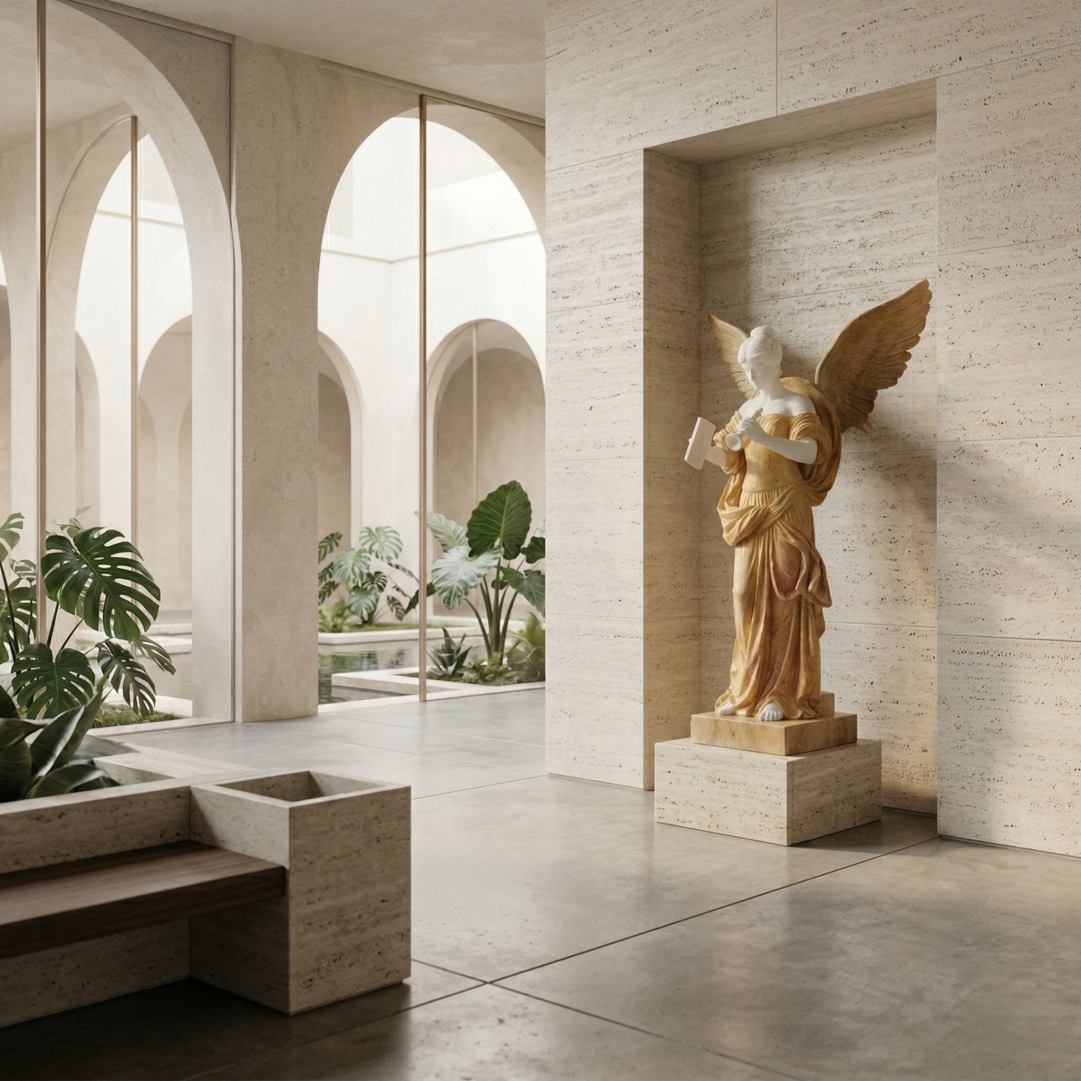 Gold Winged Roman Angel Marble Outdoor Sculpture by Giant Sculptures, 180cm tall, depicting a violin-playing angel in white and golden marble, set in a travertine alcove with arched courtyard behind.