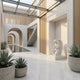 Kneeling Praying Angel Marble Outdoor Sculpture by Giant Sculptures, 80cm white marble figure in prayer pose, displayed in a marble niche within a modern atrium with glass ceiling and potted agaves.