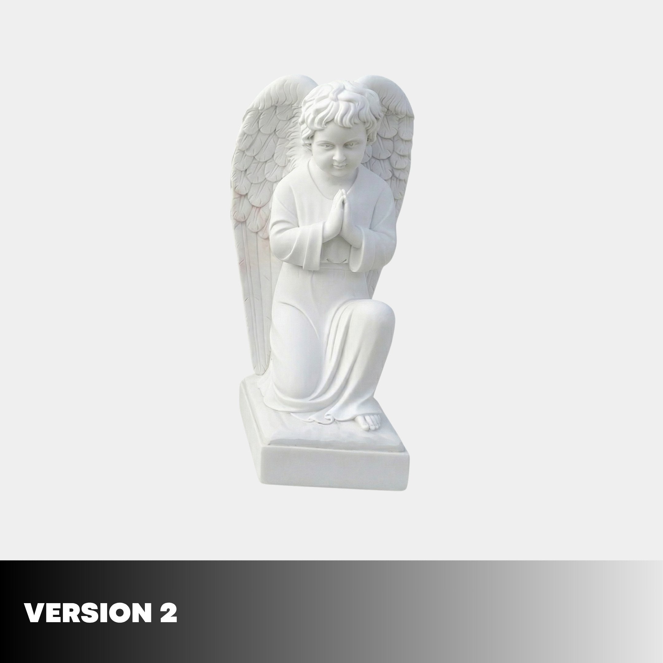 Kneeling Praying Angel Marble Outdoor Sculpture in white marble, shown in a reverent prayer pose with feathered wings and flowing robes on a rectangular base, version 2 angle on a light grey background.