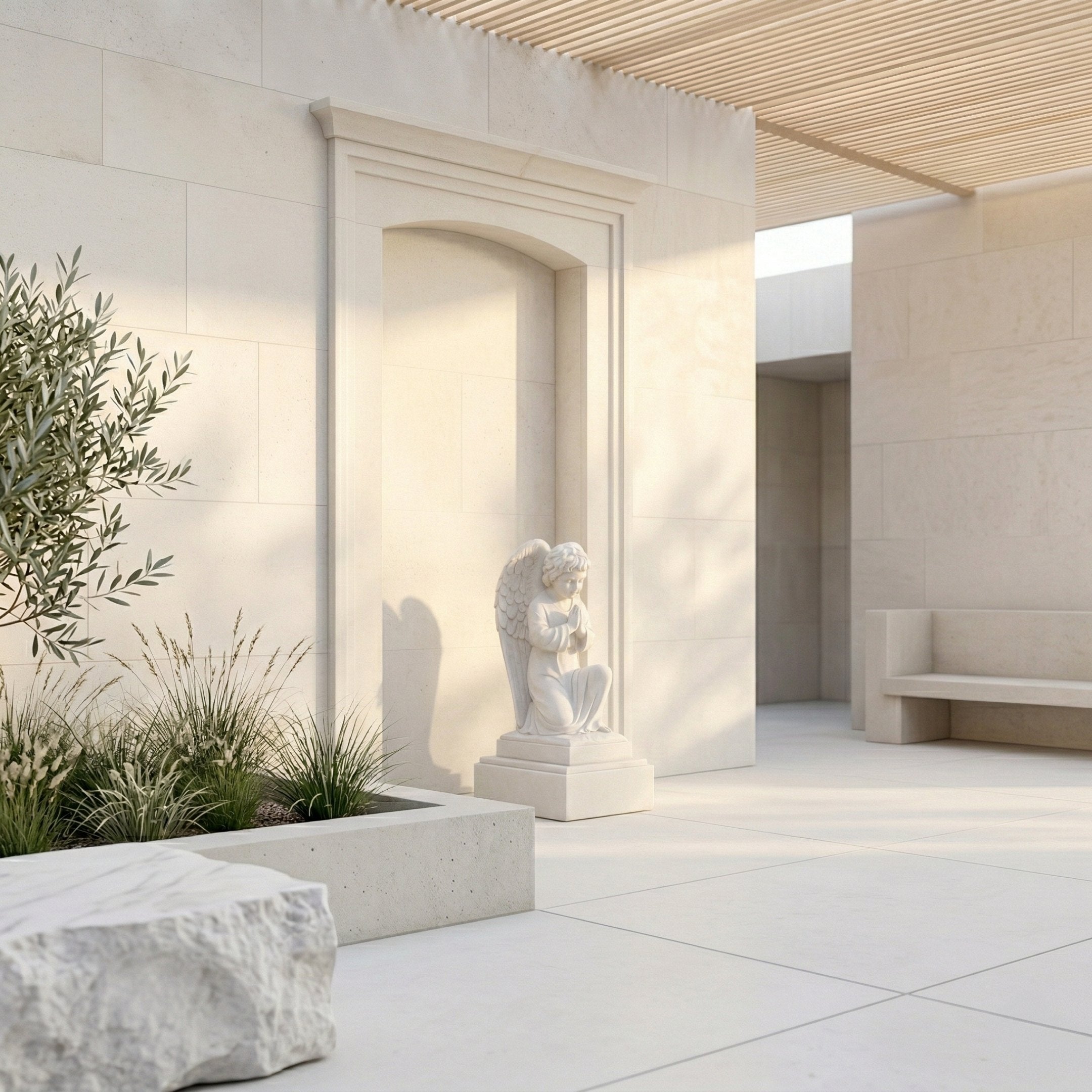 Kneeling Praying Angel Marble Outdoor Sculpture by Giant Sculptures, 80cm white marble figure in prayer pose on a pedestal, set in a sunlit stone courtyard with greenery and a bench.