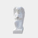 Kneeling Praying Angel Marble Outdoor Sculpture in white marble, depicting a child angel with unfurled feathered wings and hands clasped in prayer on a square base, against a plain light background.