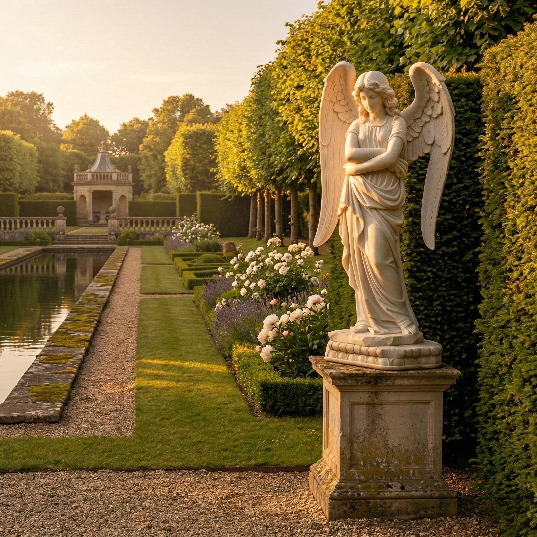Winged Female Angel Marble Outdoor Sculpture by Giant Sculptures, 160cm white marble figure with arms crossed and feathered wings spread, displayed on a stone pedestal in a formal garden setting.