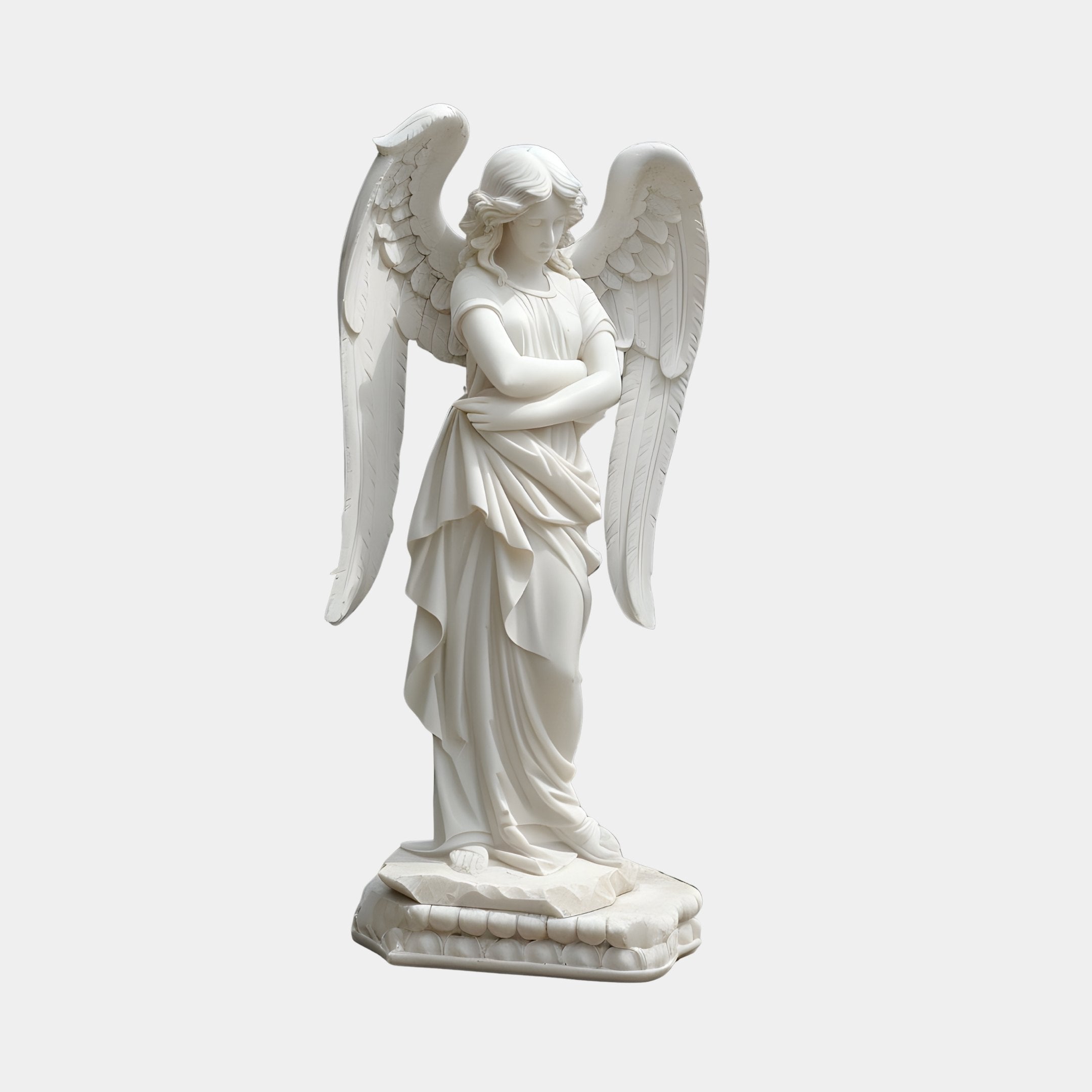 Winged Female Angel Marble Outdoor Sculpture by Giant Sculptures, 160cm tall in white marble with crossed arms, draped gown, and outstretched feathered wings on a carved base, shown against a light grey background.