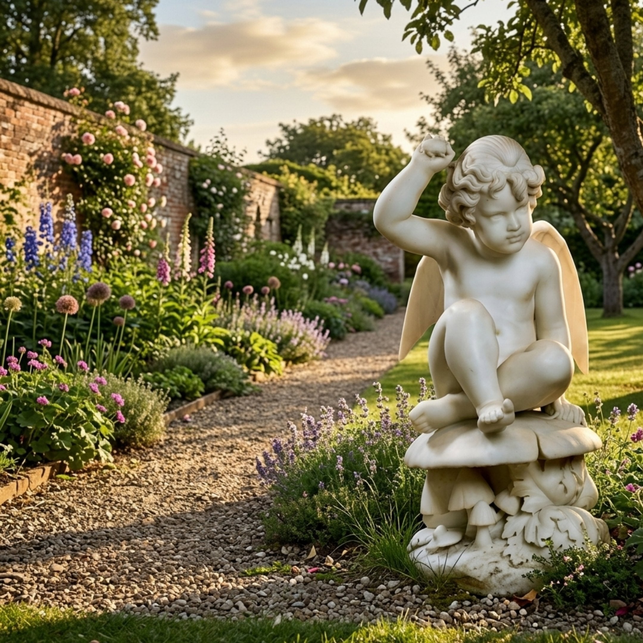 Seated Cherub Angel Marble Outdoor Sculpture by Giant Sculptures, 60cm white marble Puck figure cross-legged on a mushroom base, shown in a walled cottage garden.