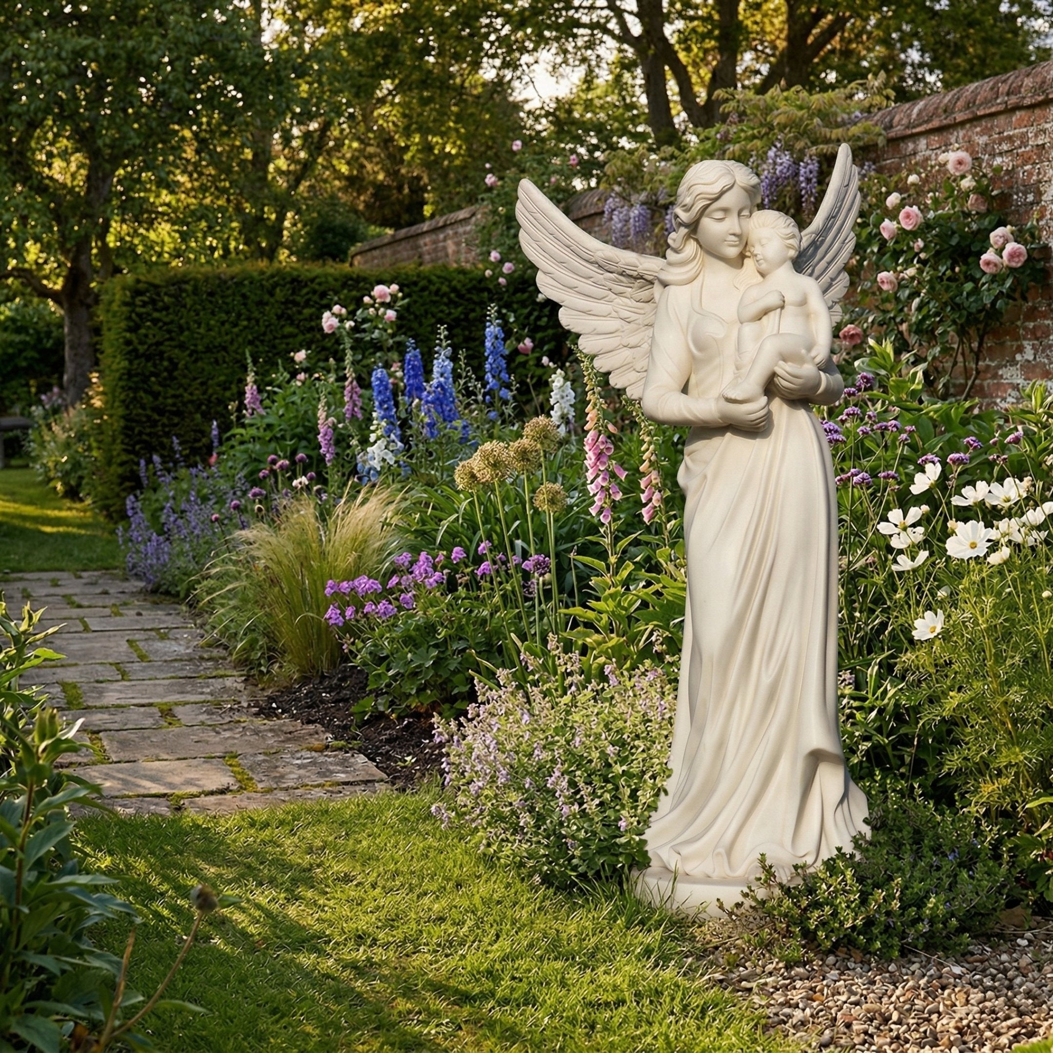 Female Angel Marble Outdoor Sculpture - 80cm by Giant Sculptures, a white marble winged angel cradling a child, displayed in a lush English garden with colorful flower borders.