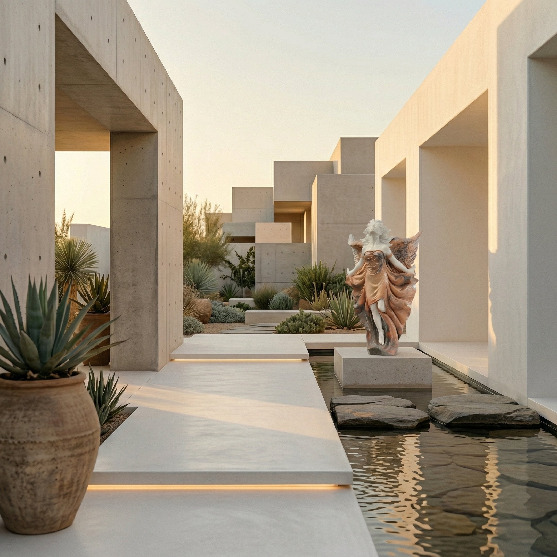 Gold Life-Size Angel Marble Outdoor Sculpture by Giant Sculptures, 180cm tall, depicting a winged angel in flowing robes with white marble face and warm golden drapery, set in a modern courtyard beside a reflecting pool.