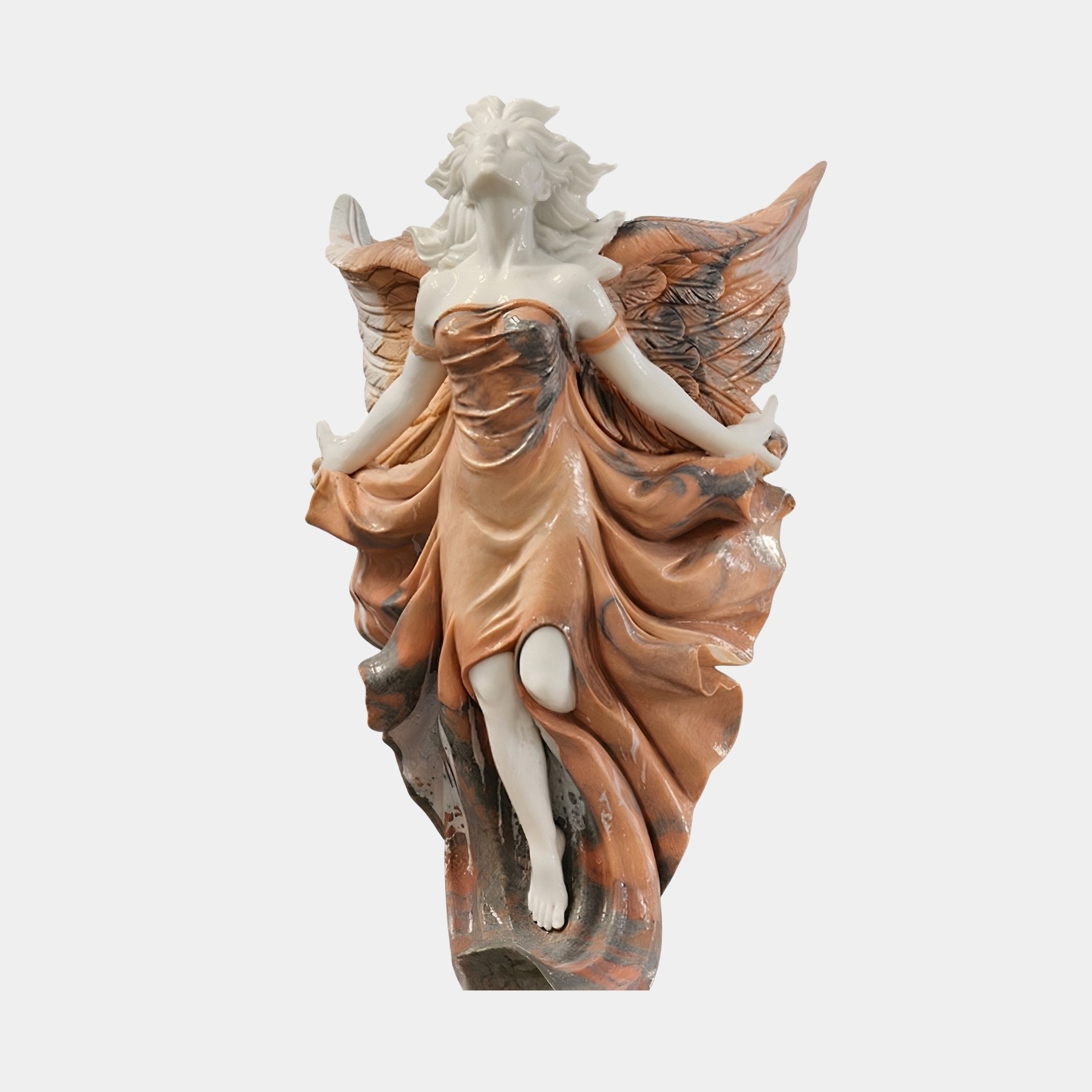 Gold Life-Size Angel Marble Outdoor Sculpture by Giant Sculptures, depicting a winged female angel in flowing robes with white marble skin and warm amber-toned drapery, against a plain light background.