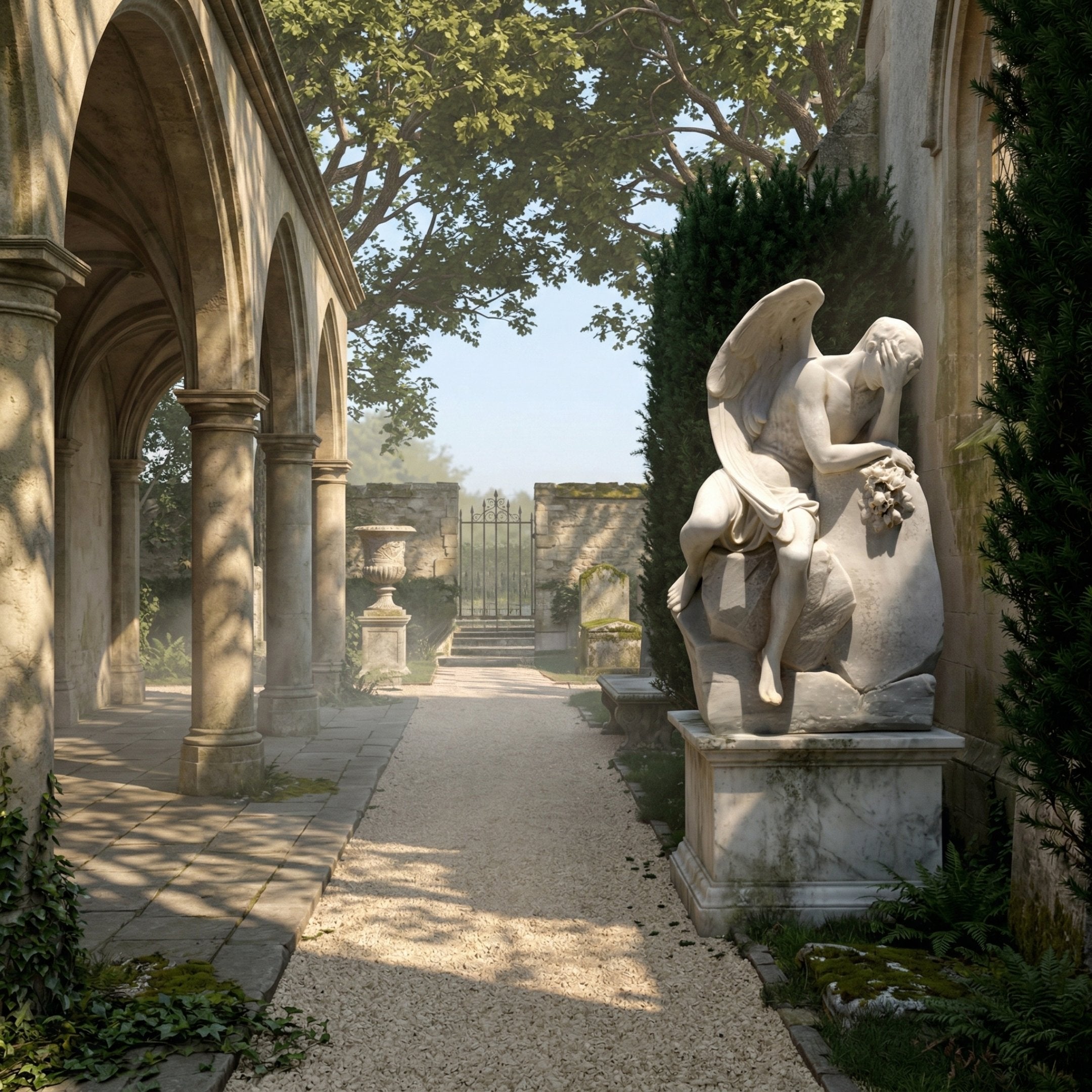 Weeping Angel Marble Outdoor Sculpture by Giant Sculptures, 130cm white marble figure with bowed head and draped wings in a grief pose, displayed beside gothic arches in a garden setting.