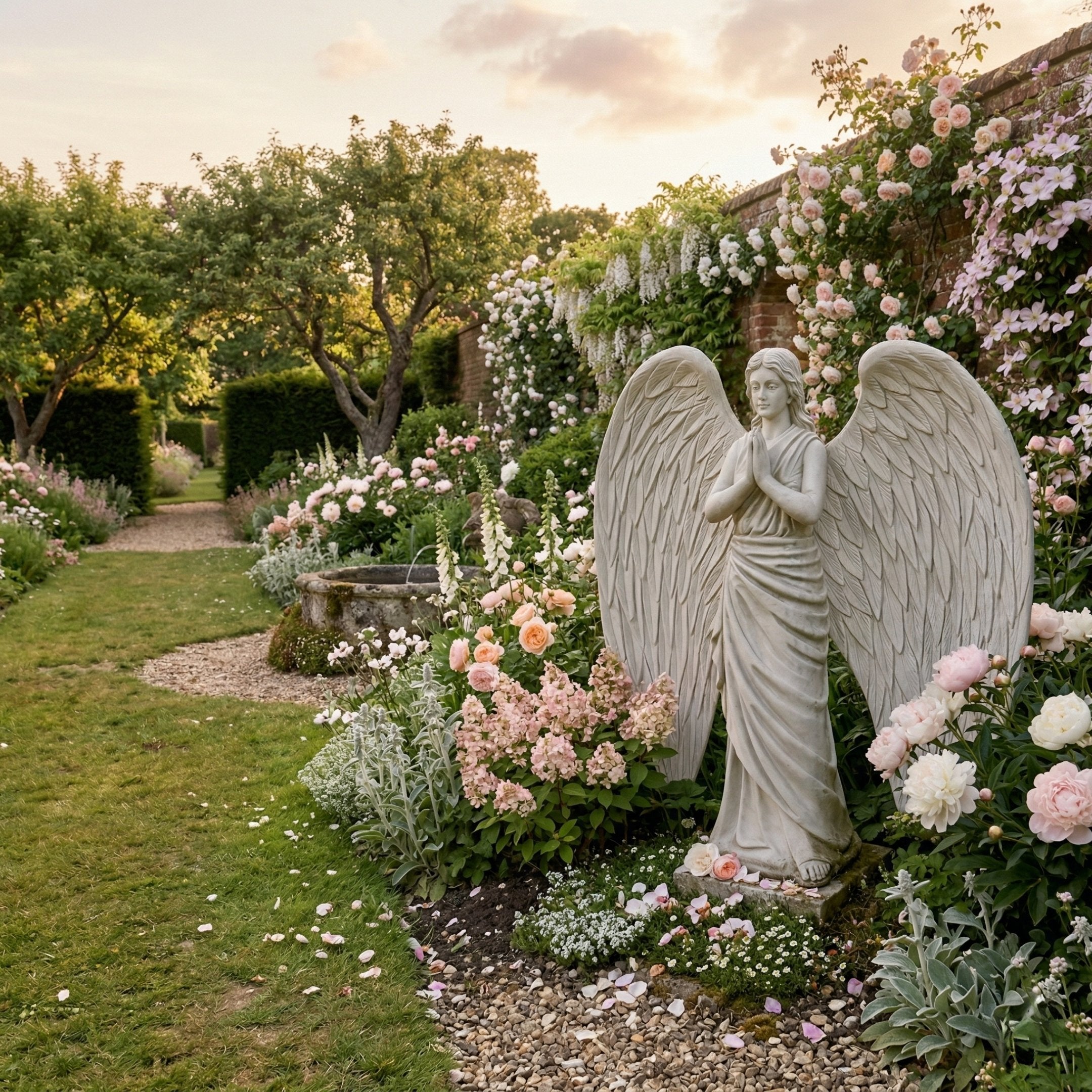 Angel With Large Wings marble outdoor sculpture by Giant Sculptures shown in an English cottage garden surrounded by pink roses and flowering borders at golden hour.