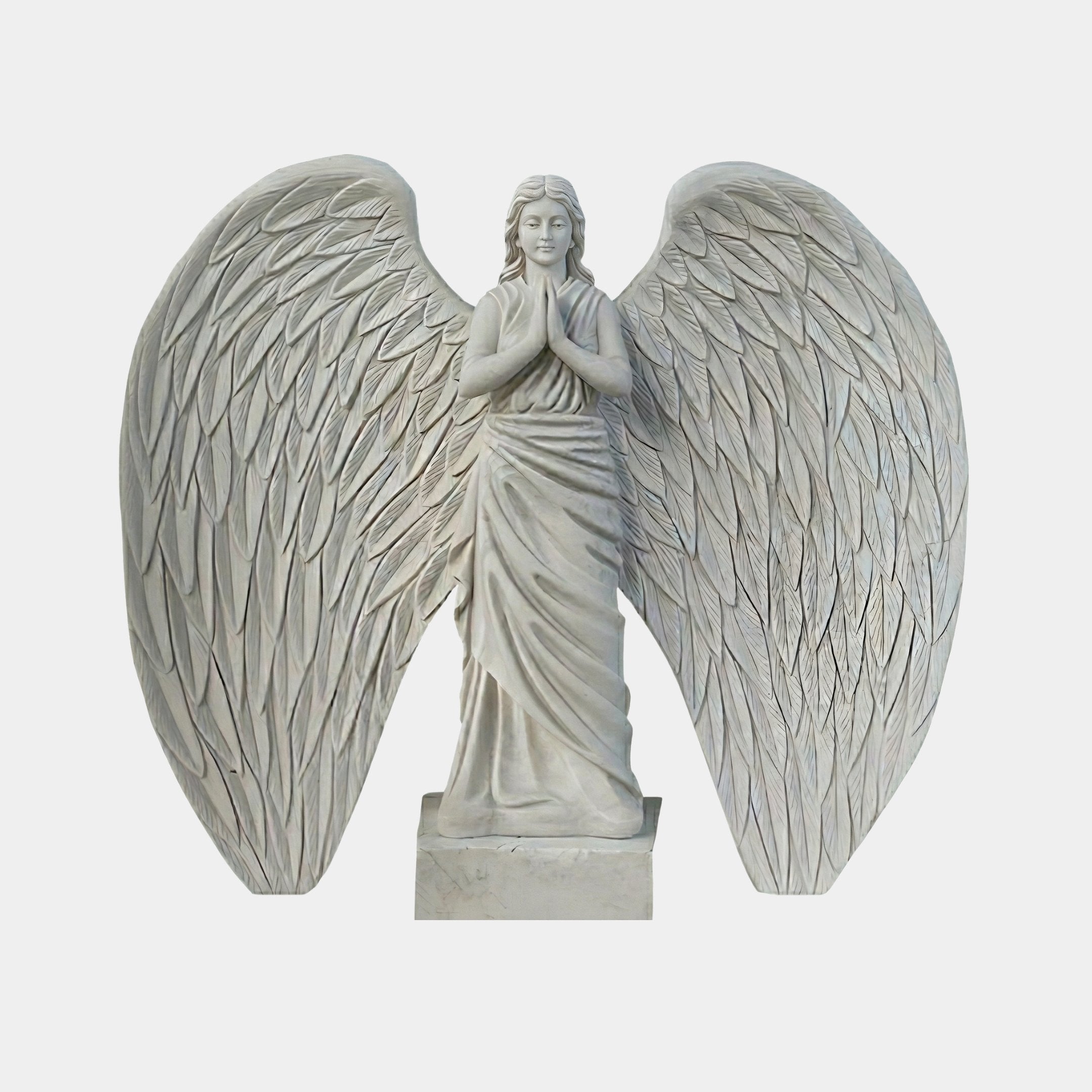 Angel With Large Wings marble outdoor sculpture by Giant Sculptures, depicting a praying female angel in classical robes with wide-spread feathered wings on a square base, against a plain light background.