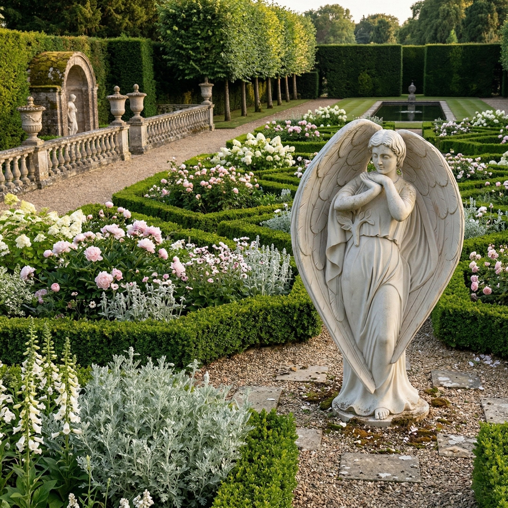 Life-Size Female Angel Marble Outdoor Sculpture by Giant Sculptures, 160cm white marble figure in contrapposto pose with feathered wings, set in a formal garden with boxwood hedges and pink roses.