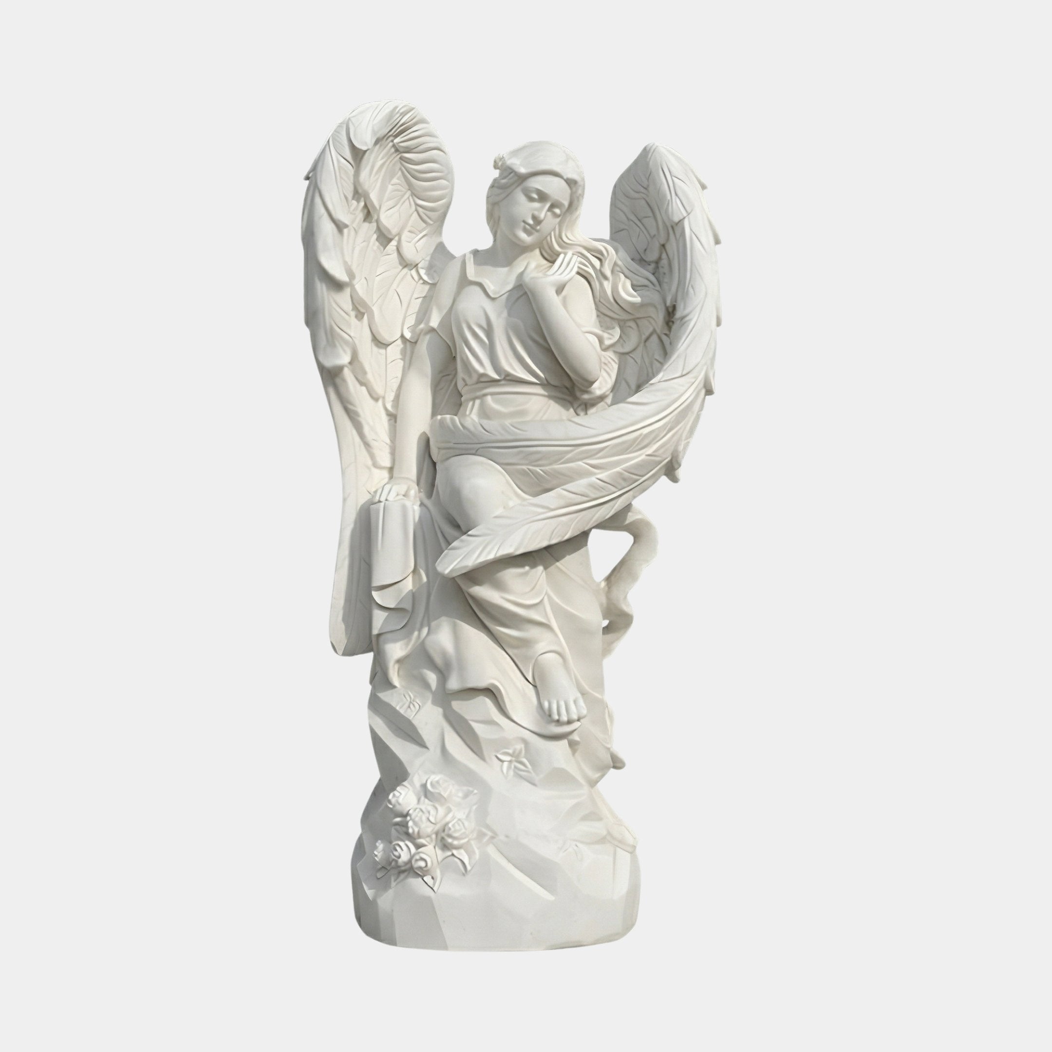 Angel With Flowers Angel Marble Outdoor Sculpture by Giant Sculptures, 160cm white marble winged angel seated on a rocky base with carved roses, shown against a plain light background.