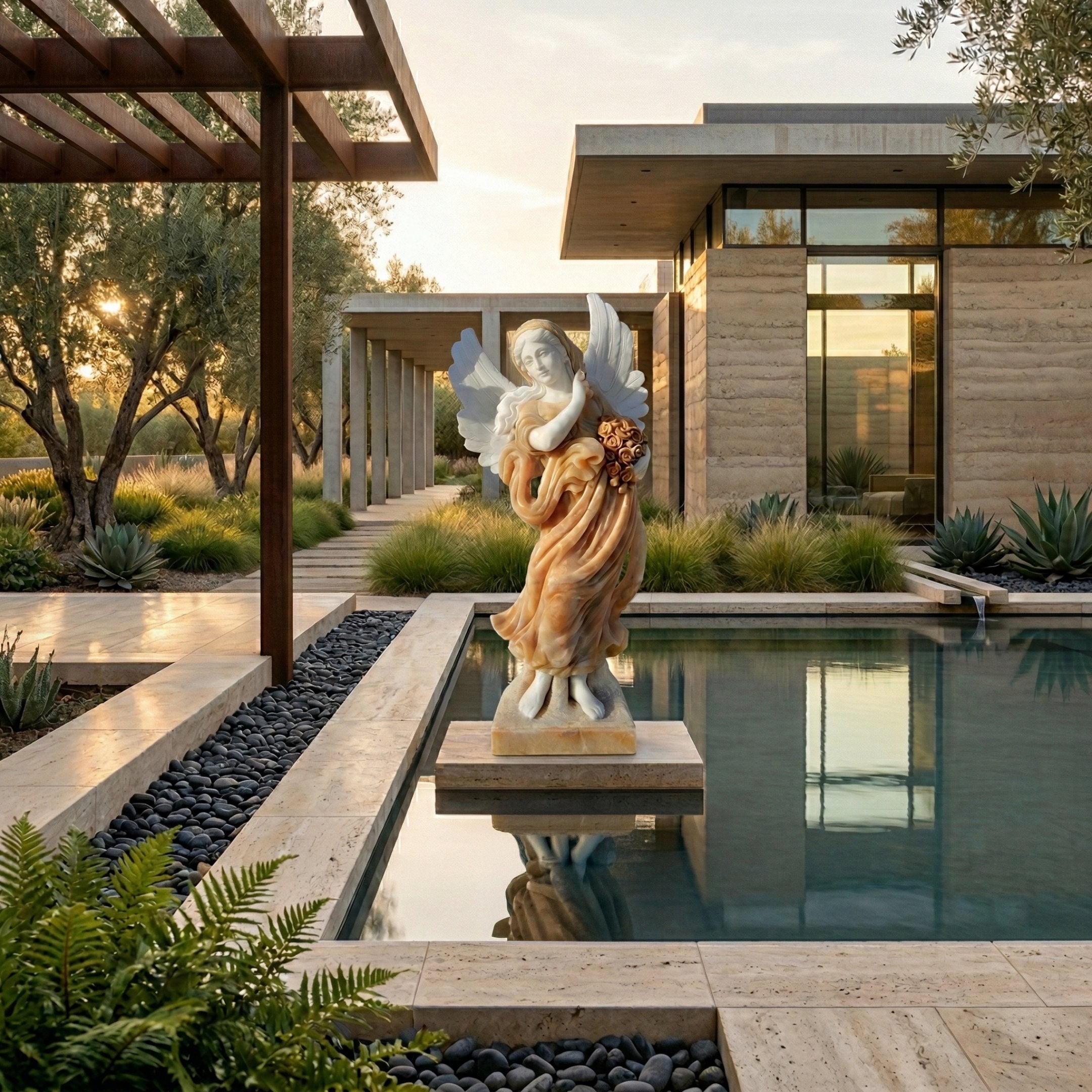 Beige Onyx Angel Marble Outdoor Sculpture by Giant Sculptures, 160cm tall winged angel in flowing golden robes holding roses, displayed on a pedestal beside a reflecting pool in a modern garden.