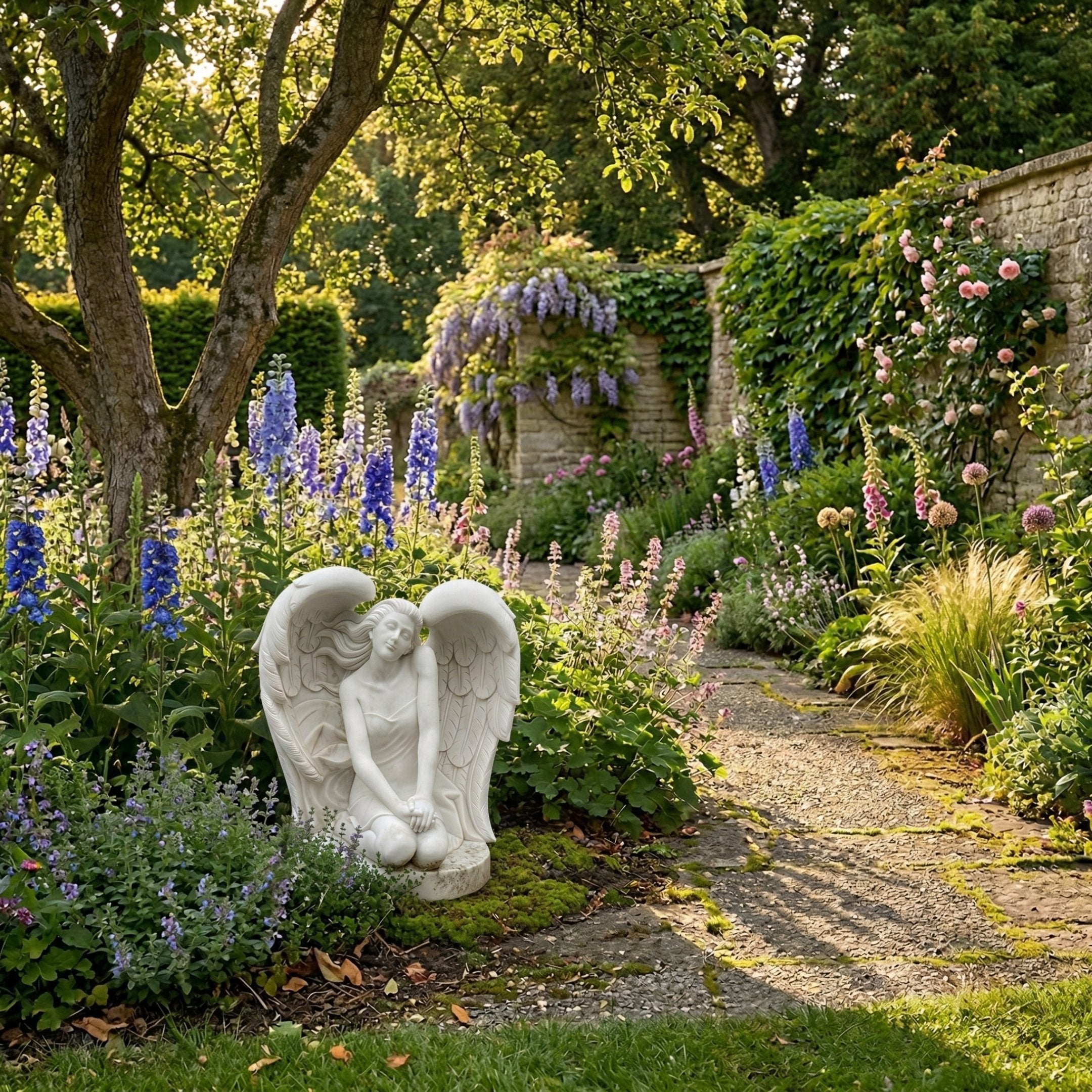 Kneeling Angel Marble Outdoor Sculpture by Giant Sculptures, 80cm white marble figure with folded wings and bowed head, set in a lush cottage garden with delphiniums and a gravel path.
