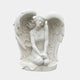 Kneeling Angel Marble Outdoor Sculpture (Enfolding Wings) 80cm by Giant Sculptures, white marble figure with bowed head, clasped hands, and curved feathered wings, on a plain light background.