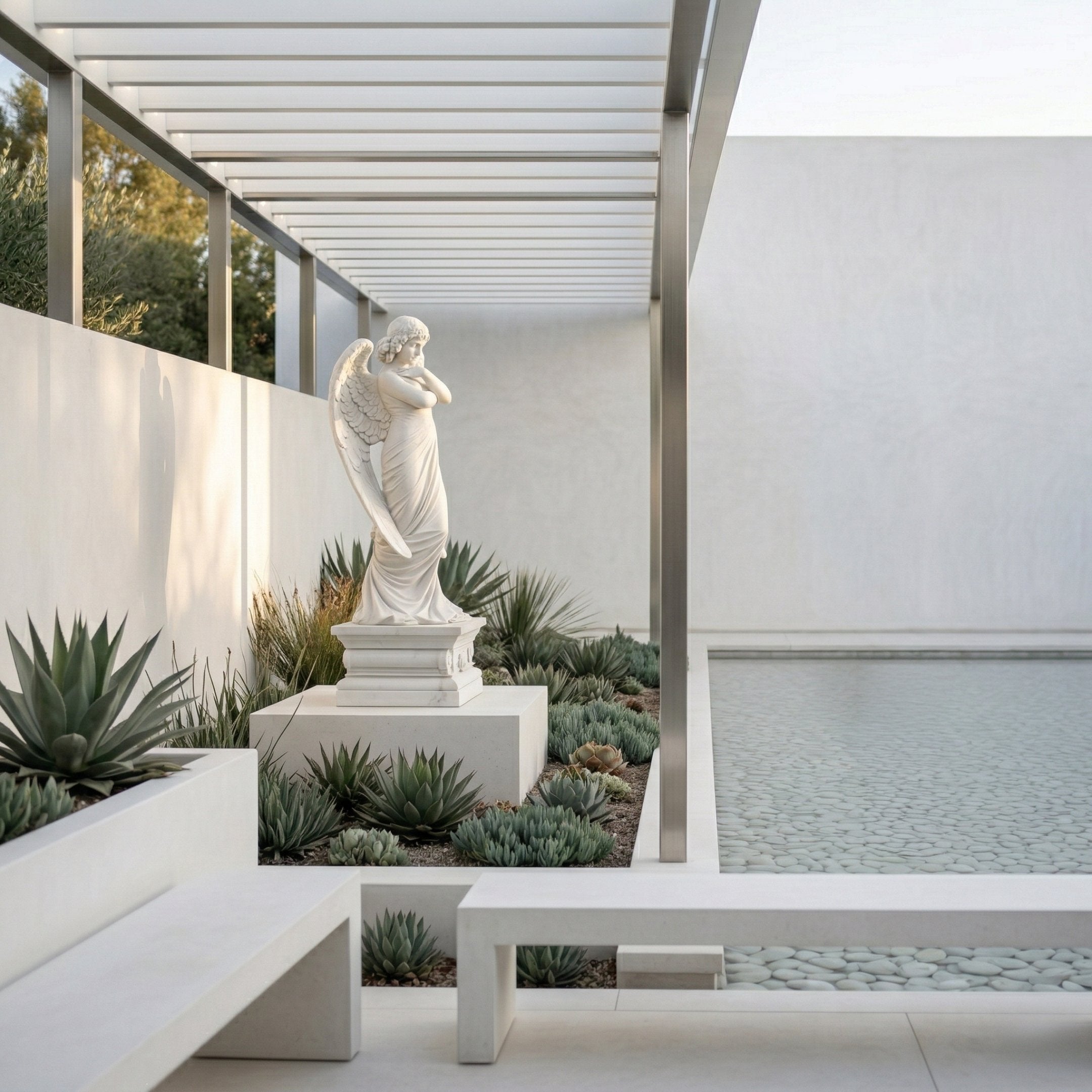 Angel Holding Garland white marble outdoor sculpture by Giant Sculptures, 120cm tall, posed on a square pedestal amid succulents in a modern courtyard with a pergola and shallow pool.