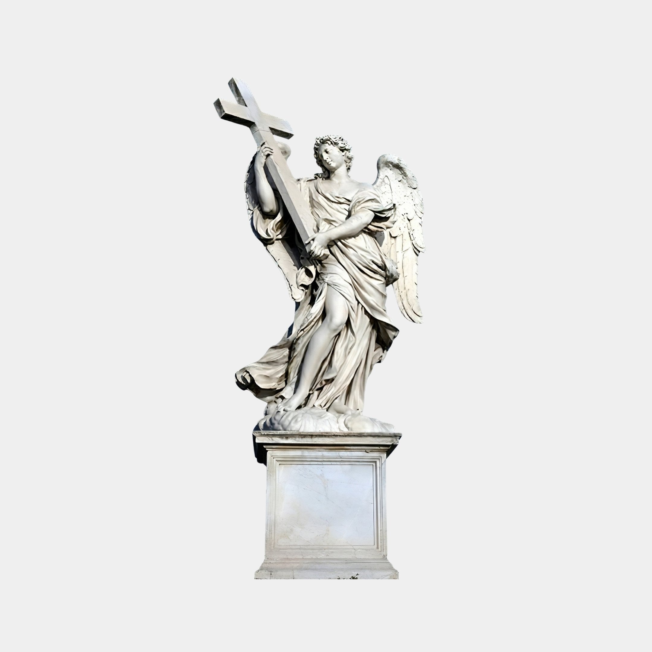 Angel Holding Cross marble outdoor sculpture by Giant Sculptures, depicting a winged angel in flowing robes clasping a large cross, on a rectangular pedestal, against a plain light grey background, 280cm tall.