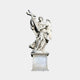 Angel Holding Cross marble outdoor sculpture by Giant Sculptures, depicting a winged angel in flowing robes clasping a large cross, on a rectangular pedestal, against a plain light grey background, 280cm tall.