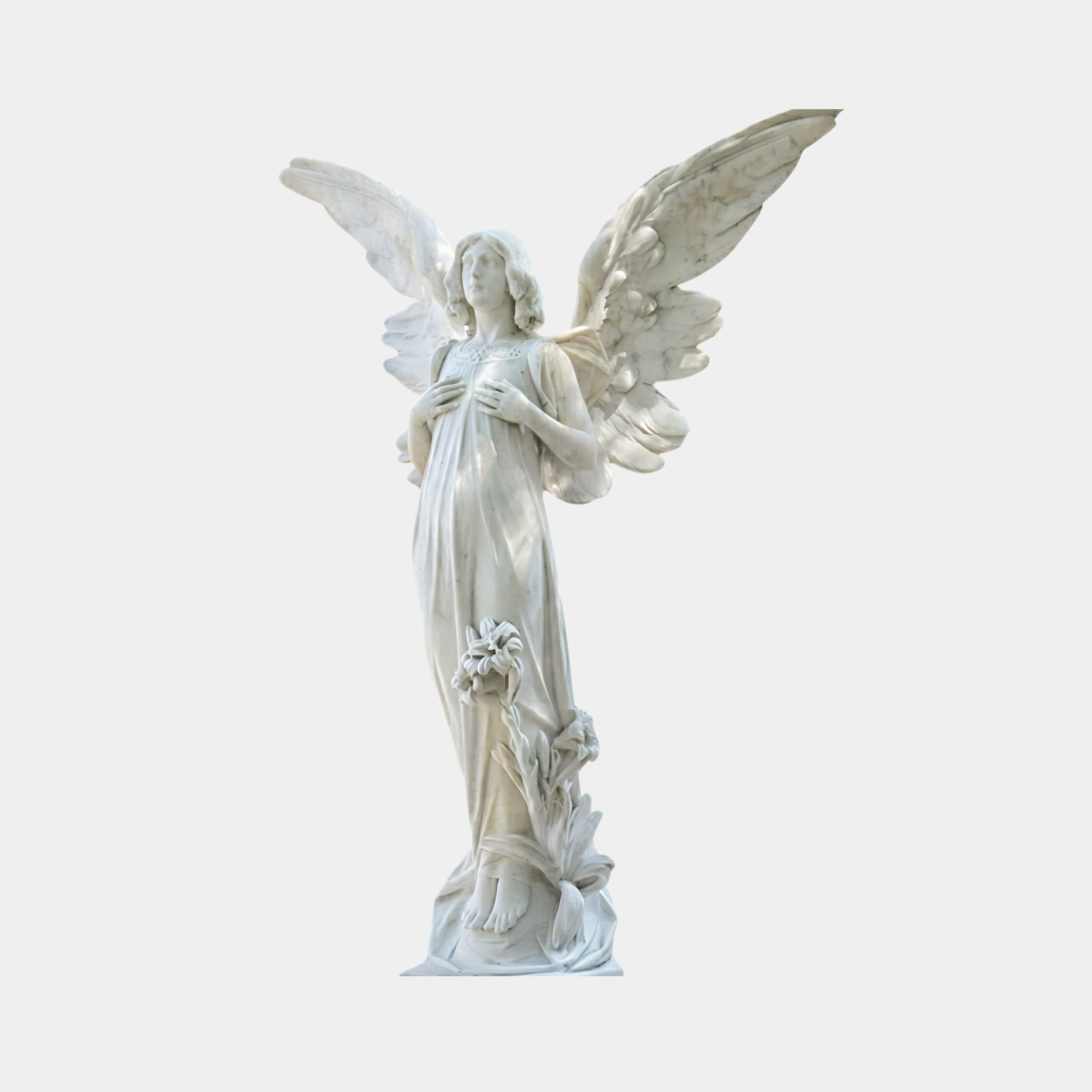 Life-Size Angel Marble Outdoor Sculpture by Giant Sculptures, depicting a winged angel in draped robes holding flowers, carved in natural white marble, 200cm tall, shown against a plain light background.