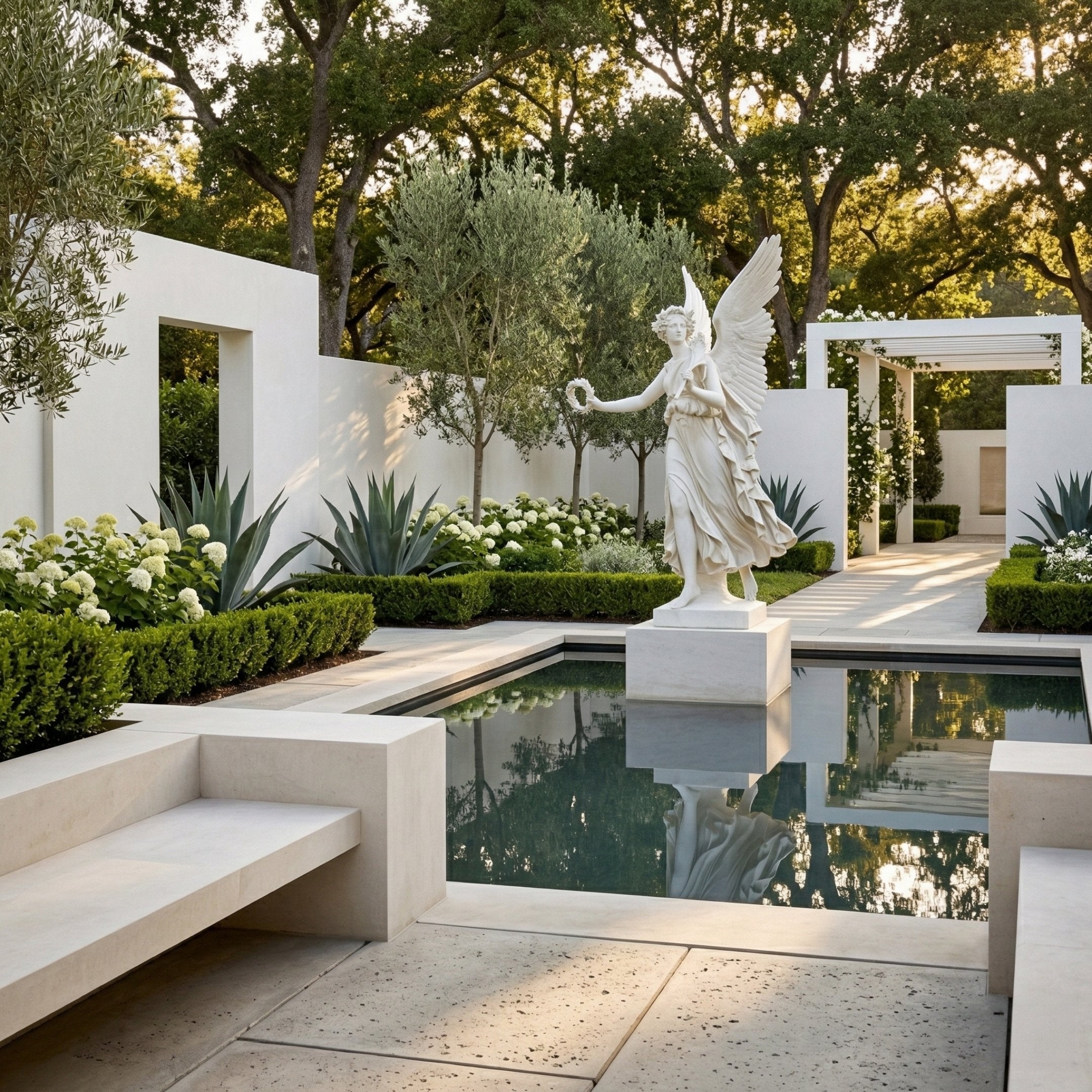Flower Crown Angel Marble Outdoor Sculpture by Giant Sculptures, 200cm white marble winged figure in flowing robes beside a reflective pool in a formal garden setting with hedges and olive trees.