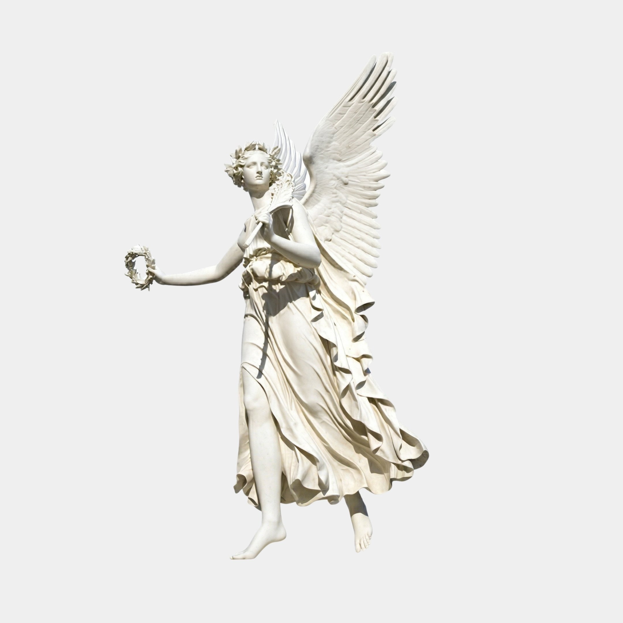 Flower Crown Angel Marble Outdoor Sculpture by Giant Sculptures, 200cm white marble winged figure in flowing robes holding a laurel wreath, shown against a plain light background.