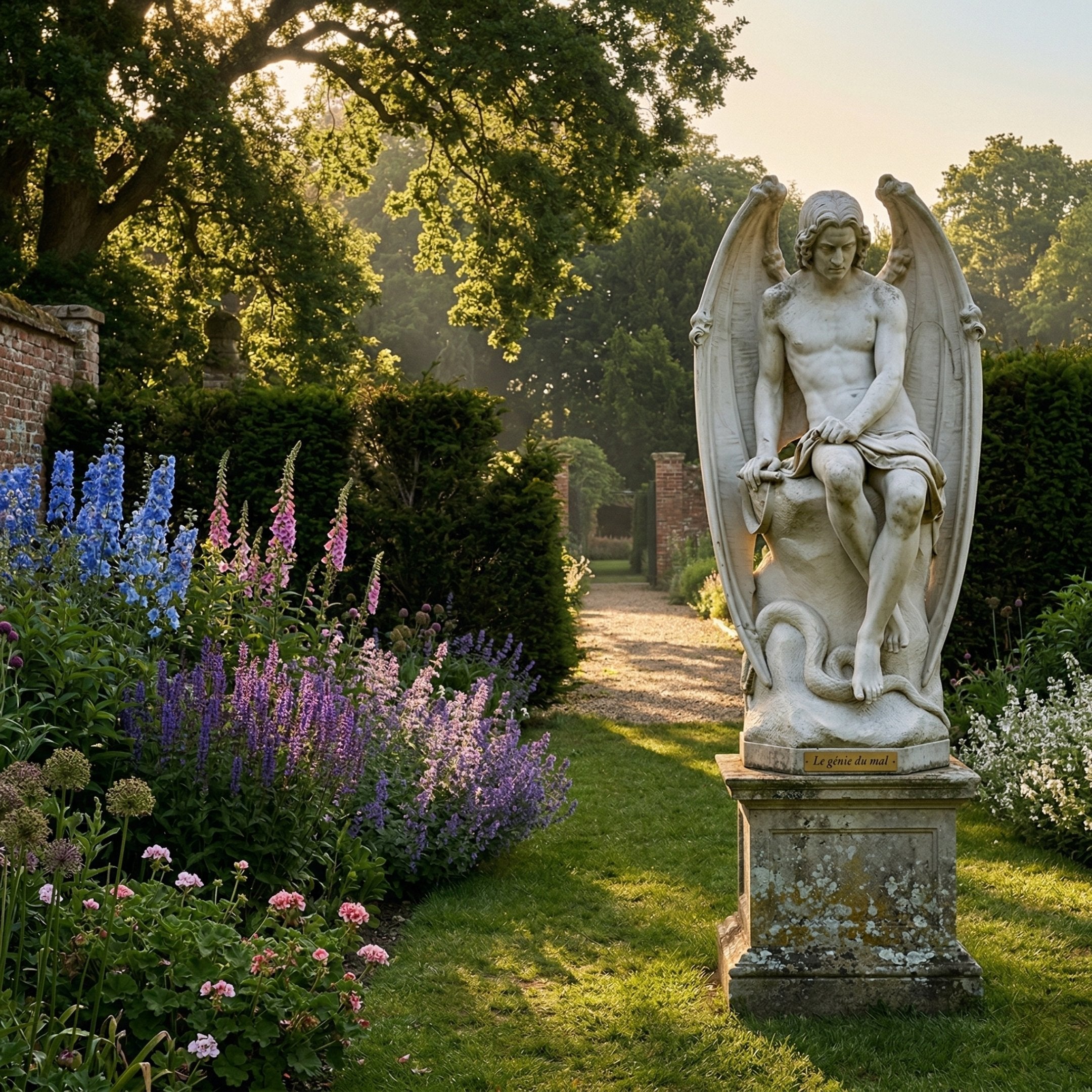 Fallen Angel Lucifer marble sculpture by Giant Sculptures shown in a garden setting, depicting a seated winged figure with spread bat-like wings on a pedestal amid flowering borders.