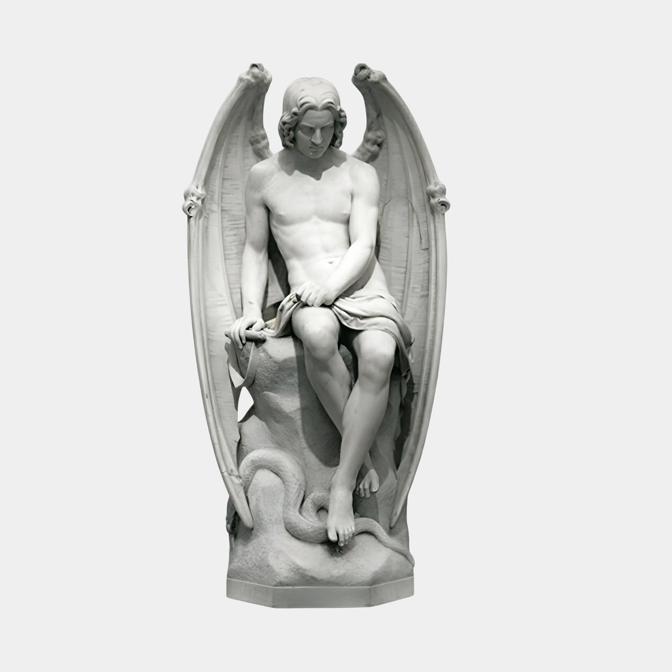 Fallen Angel Lucifer Angel Marble Outdoor Sculpture by Giant Sculptures, depicting a seated winged figure with bat-like wings and serpent at the base, carved in white marble, 150cm, on a plain grey background.