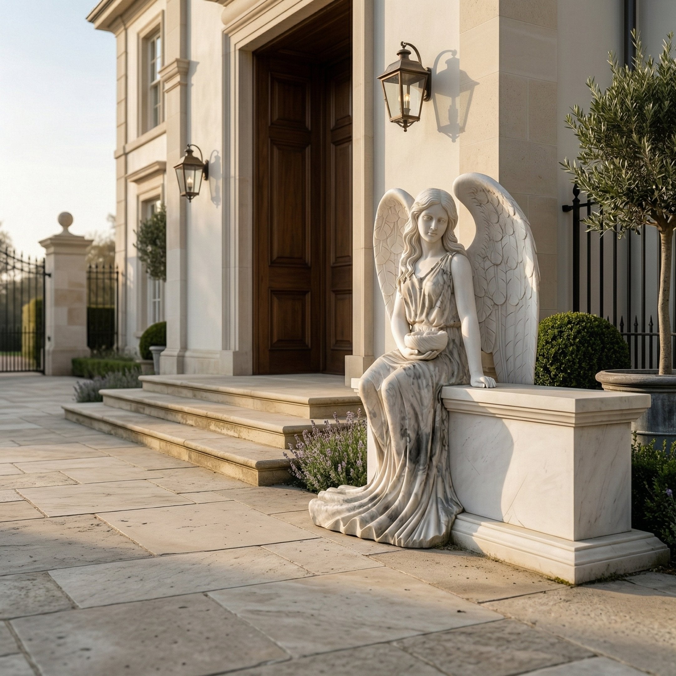 Headstone Memorial Angel Marble Outdoor Sculpture by Giant Sculptures, a seated winged angel carved in white marble on a pedestal, shown beside a stone entrance with lanterns and lavender.