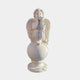 Cherub Angel Marble Outdoor Sculpture by Giant Sculptures, depicting a winged cherub seated on a sphere with hands resting under chin, carved in natural white marble on a round base, against a plain light background.