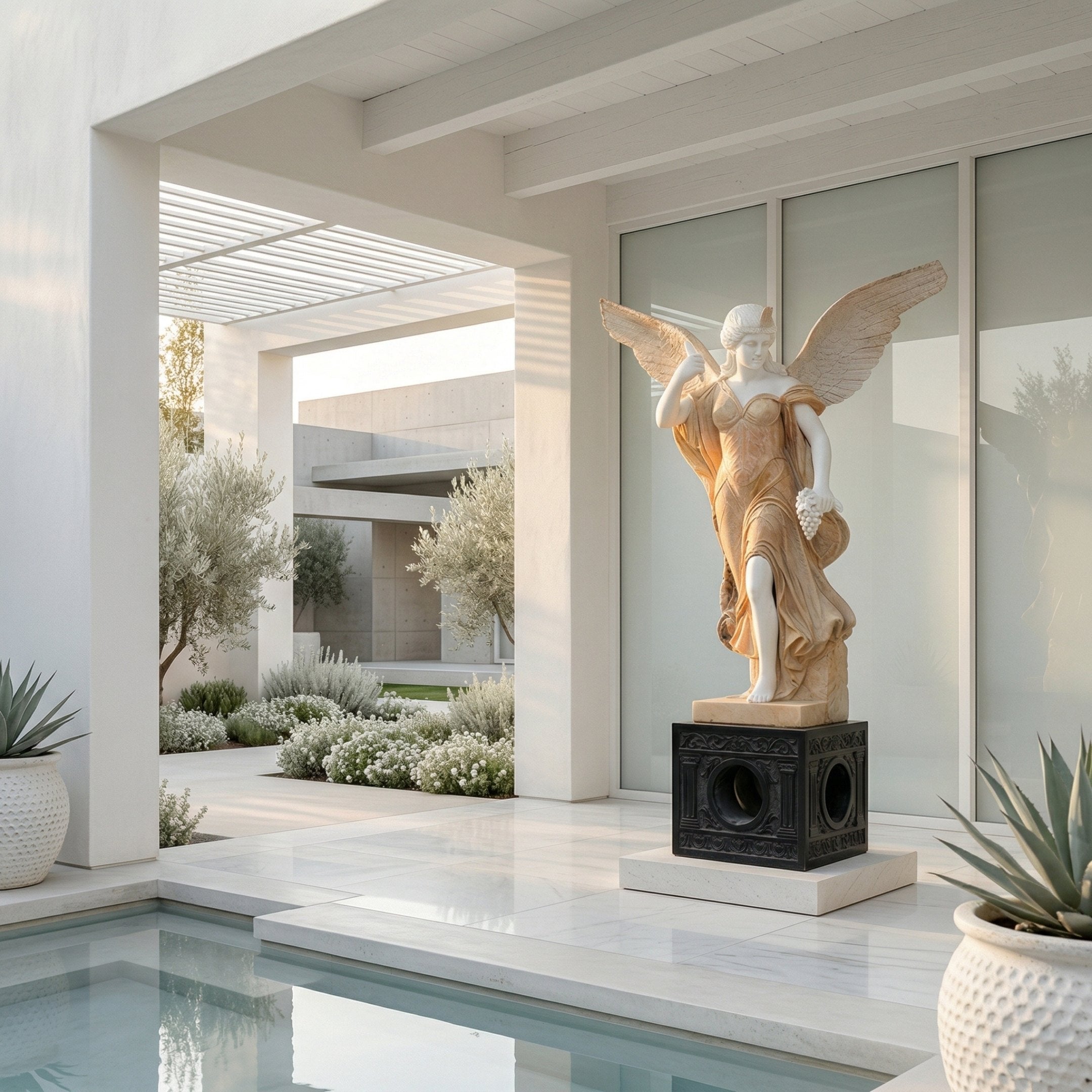 Gold Life-Size Angel Marble Outdoor Sculpture by Giant Sculptures, 225cm tall, depicting a winged angel in flowing robes with white and golden two-tone marble finish on a dark ornate base, displayed poolside in a modern courtyard.