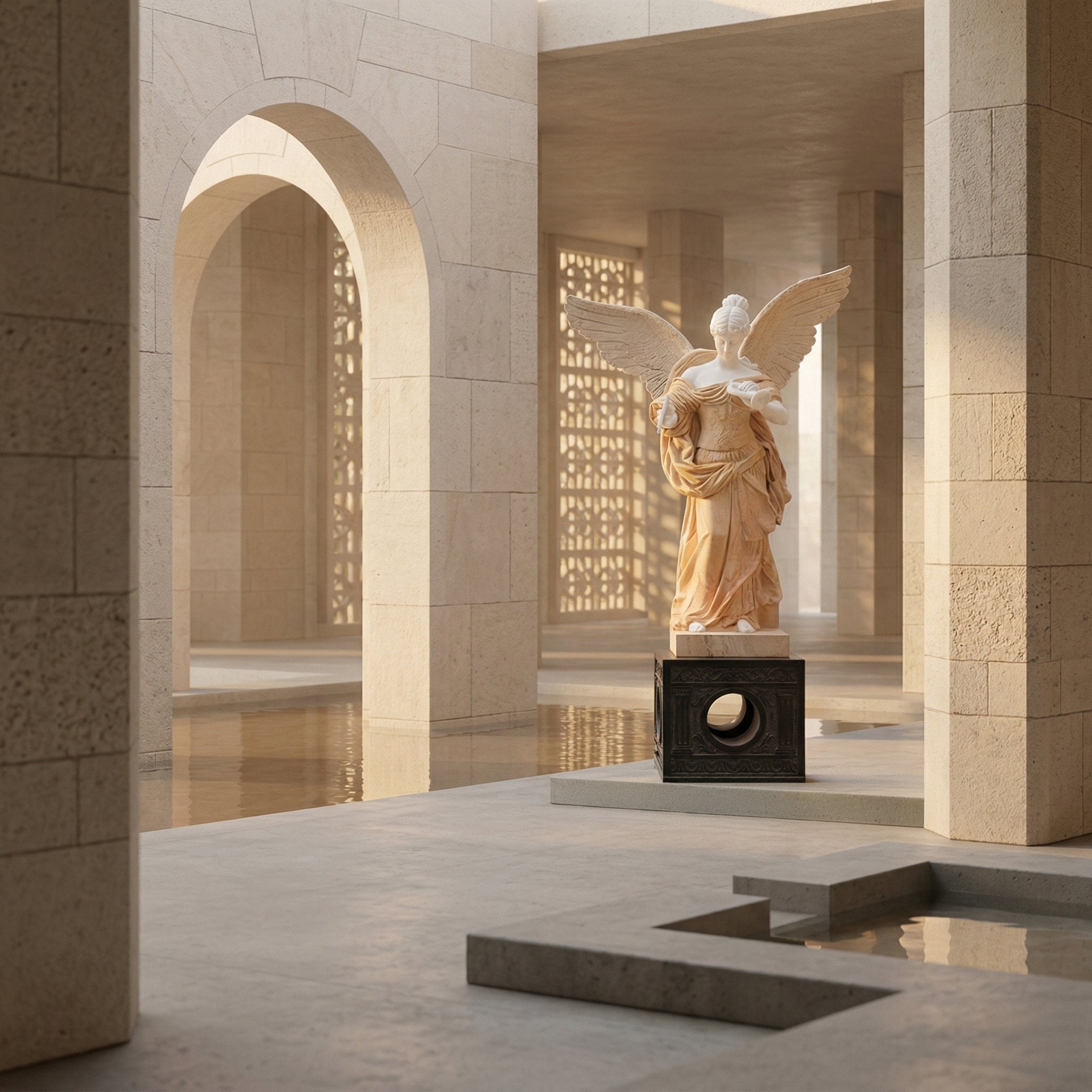 Gold Life-Size Angel Marble Outdoor Sculpture by Giant Sculptures, 225cm tall, depicting a winged angel in flowing robes with white and golden two-tone marble finish on a dark base, shown in a sunlit stone courtyard with arches and a reflecting pool.