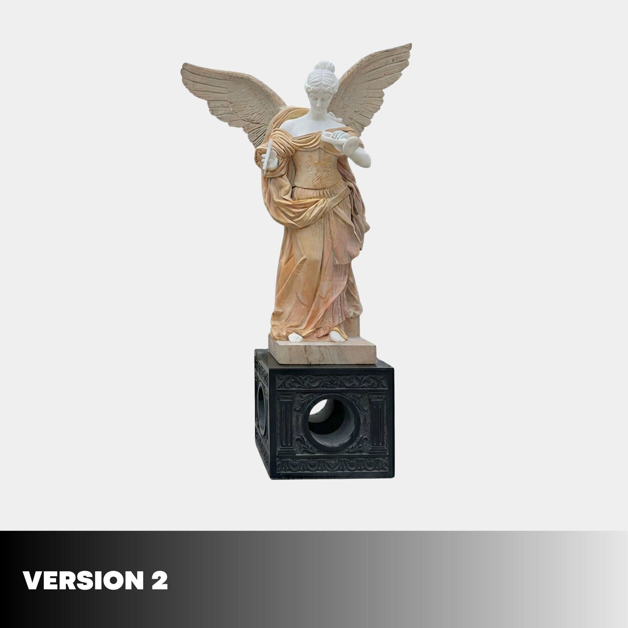 The Gold Life-Size Angel Marble Outdoor Sculpture (225cm) by Giant Sculptures stands on a black pedestal with circular openings, set against a plain white background. "VERSION 2" appears at the bottom left on a gradient black-gray bar.