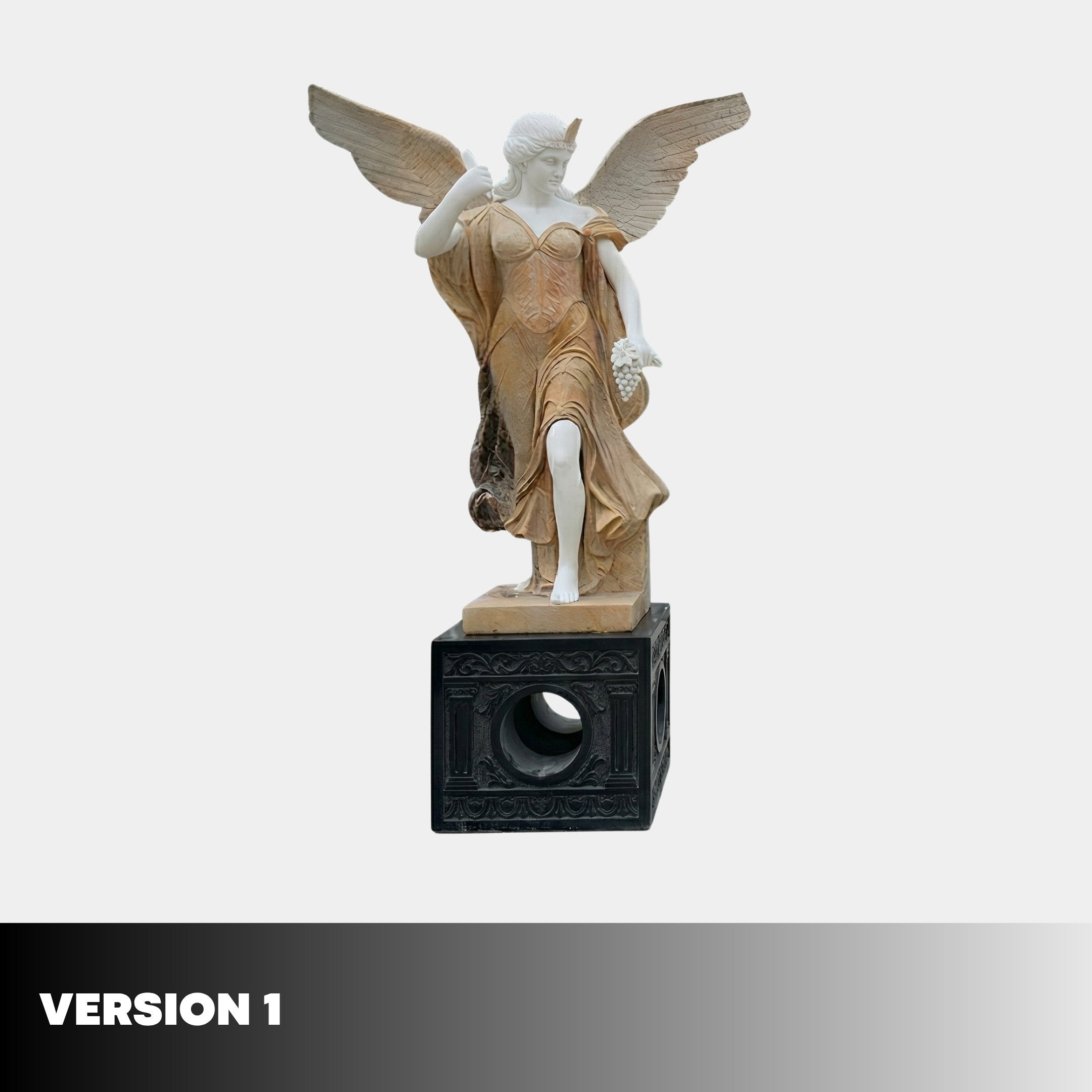 The Gold Life-Size Angel Marble Outdoor Sculpture (225cm) by Giant Sculptures depicts a winged woman in a flowing dress holding grapes and raising one hand, standing on a decorative pedestal. "Version 1" appears in the bottom left on a white background.