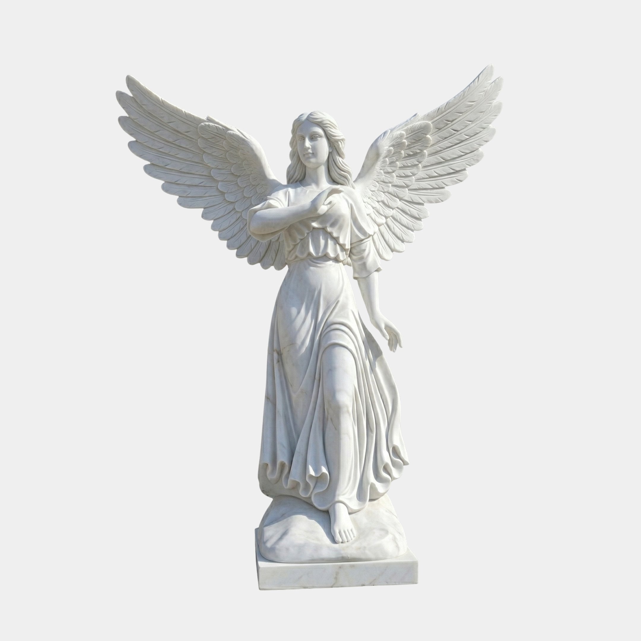 Life-Size Angel Marble Outdoor Sculpture by Giant Sculptures, 180cm white marble figure with outstretched wings and flowing robes on a square base, shown against a plain light background.