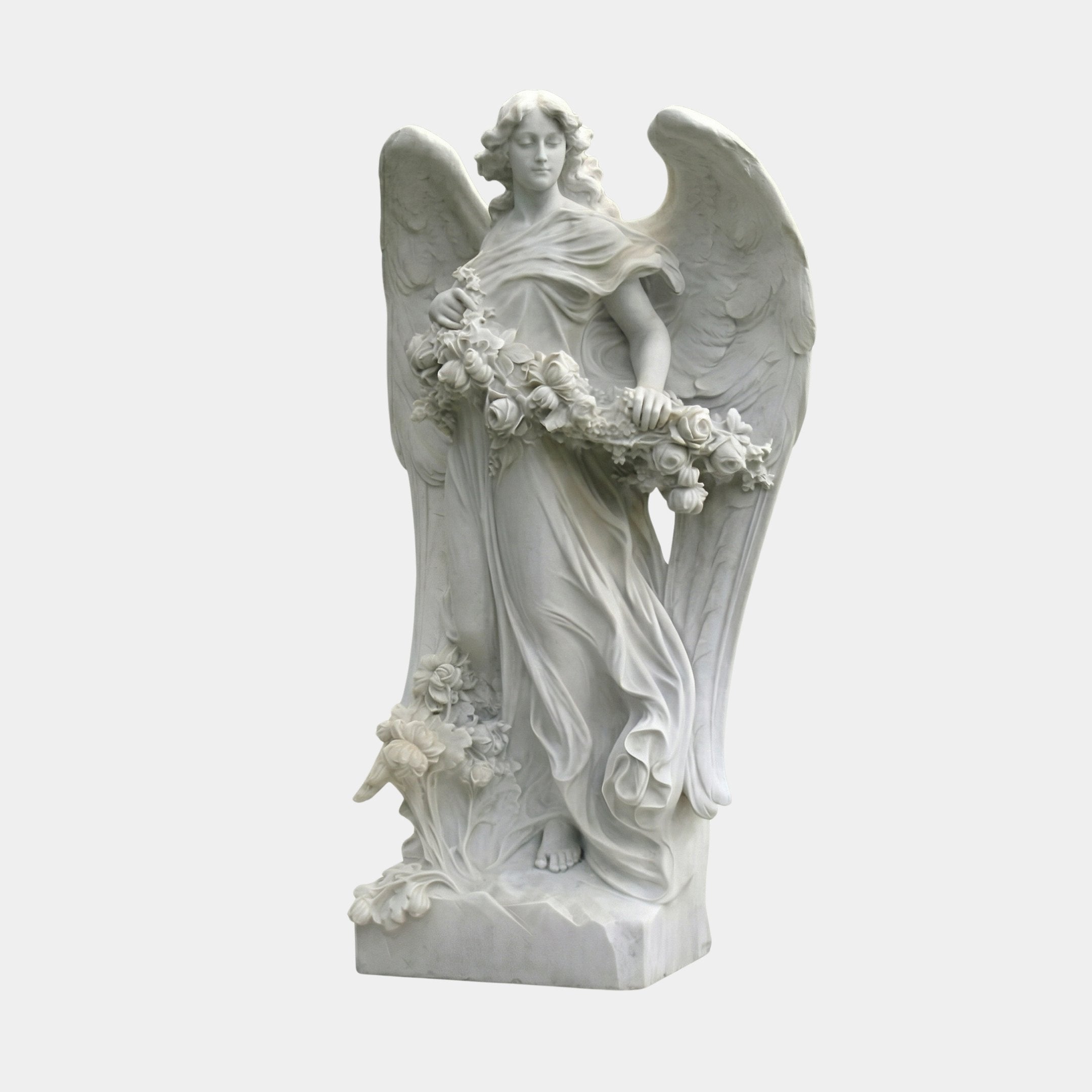 Flower Angel Marble Outdoor Sculpture – 180cm by Giant Sculptures, a white marble winged angel holding a rose garland in flowing drapery, on a carved base against a light grey background.