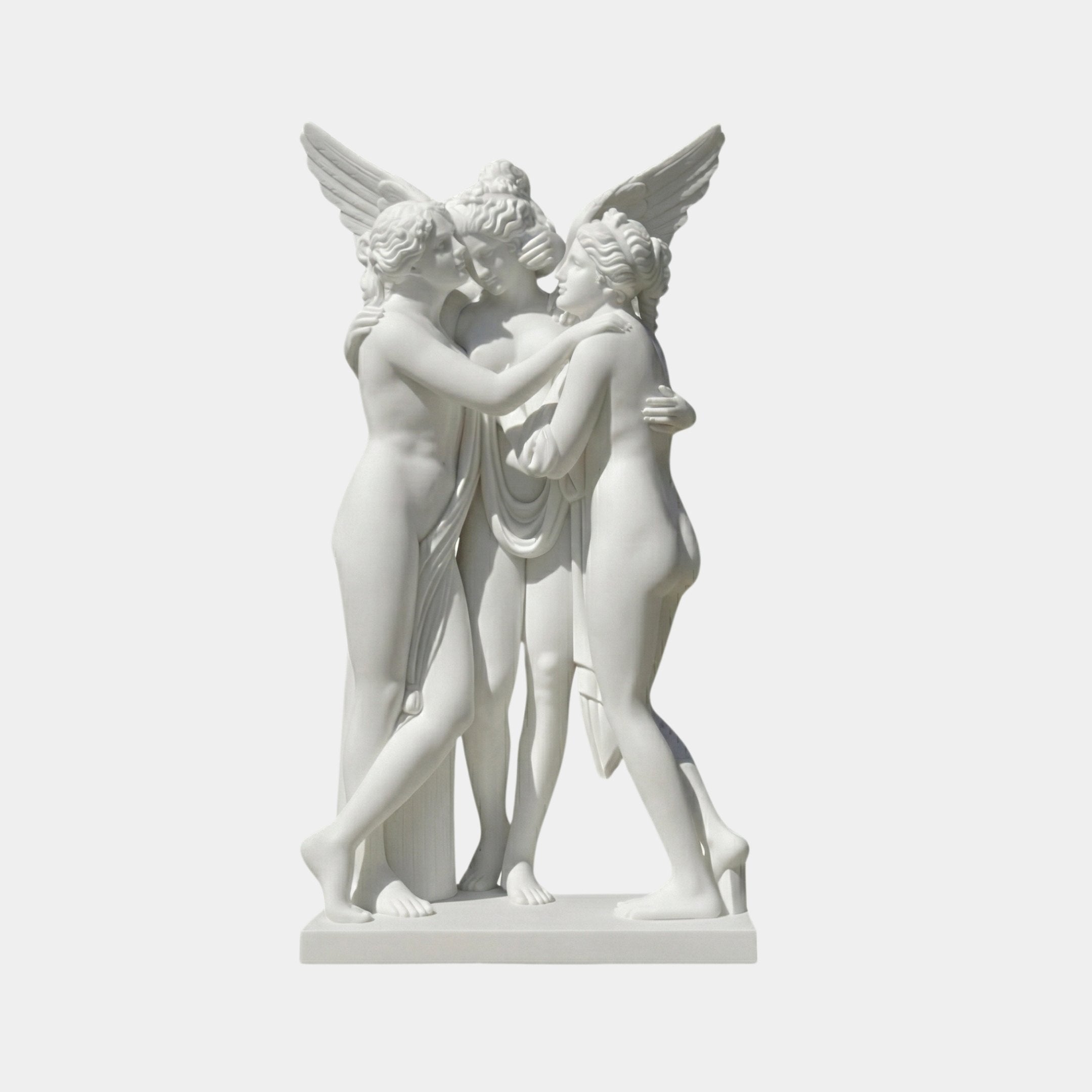 Three Graces Angel Marble Outdoor Sculpture by Giant Sculptures, 180cm white marble depiction of three winged female figures in a graceful embrace on a rectangular base, shown against a plain light background.